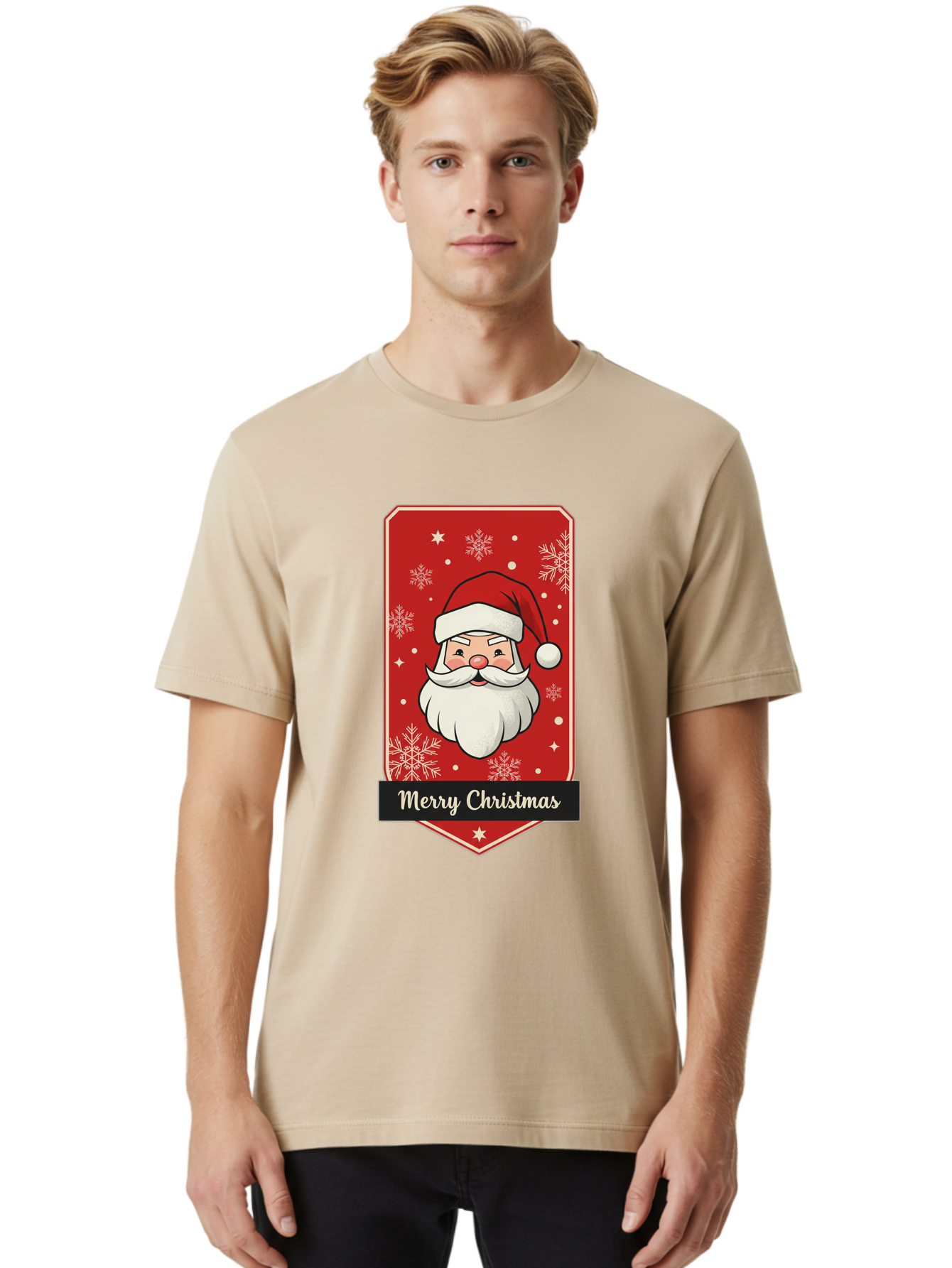Merry-Christmas-Santa Men'S Graphic Tee, 100% Cotton, Comfortable Casual Summer Wear, Machine Washable, Christmas Badge, Merry Christmas, Santa Claus, Festive Design, Holiday Greeting, Cartoon Santa, Red And White, Snowflakes, Bac187 26