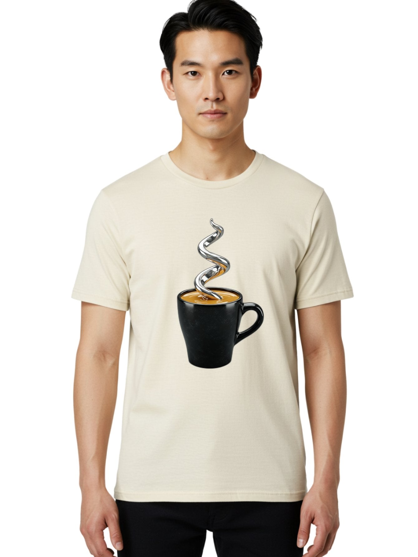 Metal-Steam-Coffee Men'S Graphic Tee, 100% Cotton, Comfortable Casual Summer Wear, Machine Washable, Coffee Cup, Black Mug, Brown Coffee, Spiral Steam, Silver Steam, Morning Coffee, Coffee Break, Hot Coffee, Caffeine Boost Bac188 19