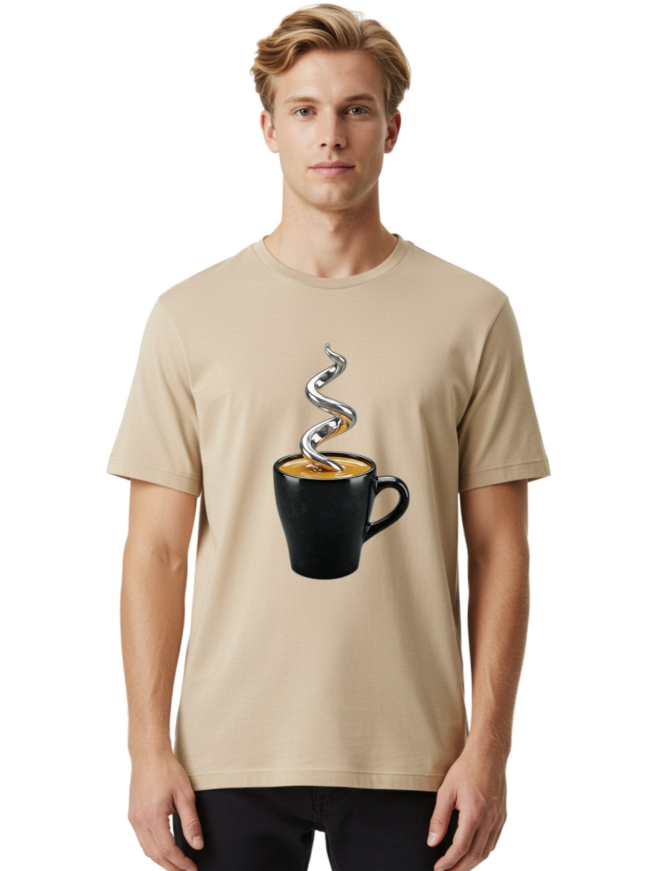 Metal-Steam-Coffee Men'S Graphic Tee, 100% Cotton, Comfortable Casual Summer Wear, Machine Washable, Coffee Cup, Black Mug, Brown Coffee, Spiral Steam, Silver Steam, Morning Coffee, Coffee Break, Hot Coffee, Caffeine Boost Bac188 17