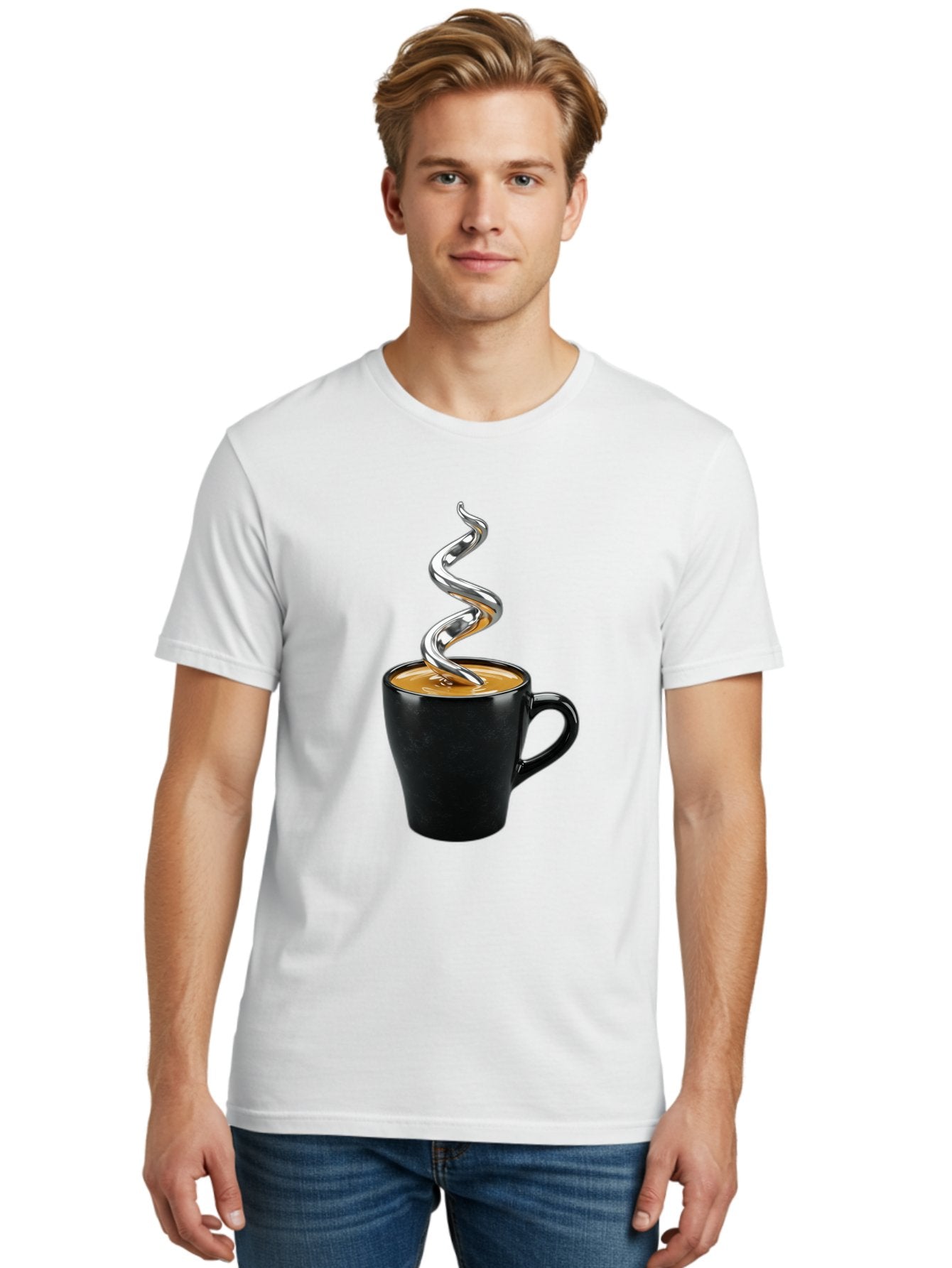 Metal-Steam-Coffee Men'S Graphic Tee, 100% Cotton, Comfortable Casual Summer Wear, Machine Washable, Coffee Cup, Black Mug, Brown Coffee, Spiral Steam, Silver Steam, Morning Coffee, Coffee Break, Hot Coffee, Caffeine Boost Bac188 16