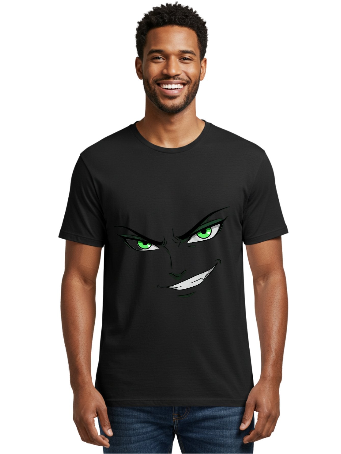 Mischievous-Face Men'S Graphic Tee, 100% Cotton, Comfortable Casual Summer Wear, Machine Washable, Cartoon Joker Face, Evil Grin, Menacing Stare, Green Eyes, Black Eyeliner, Comic Book Style, Villainous Character, Sinister Smile, Playful Tone, Bac189 21
