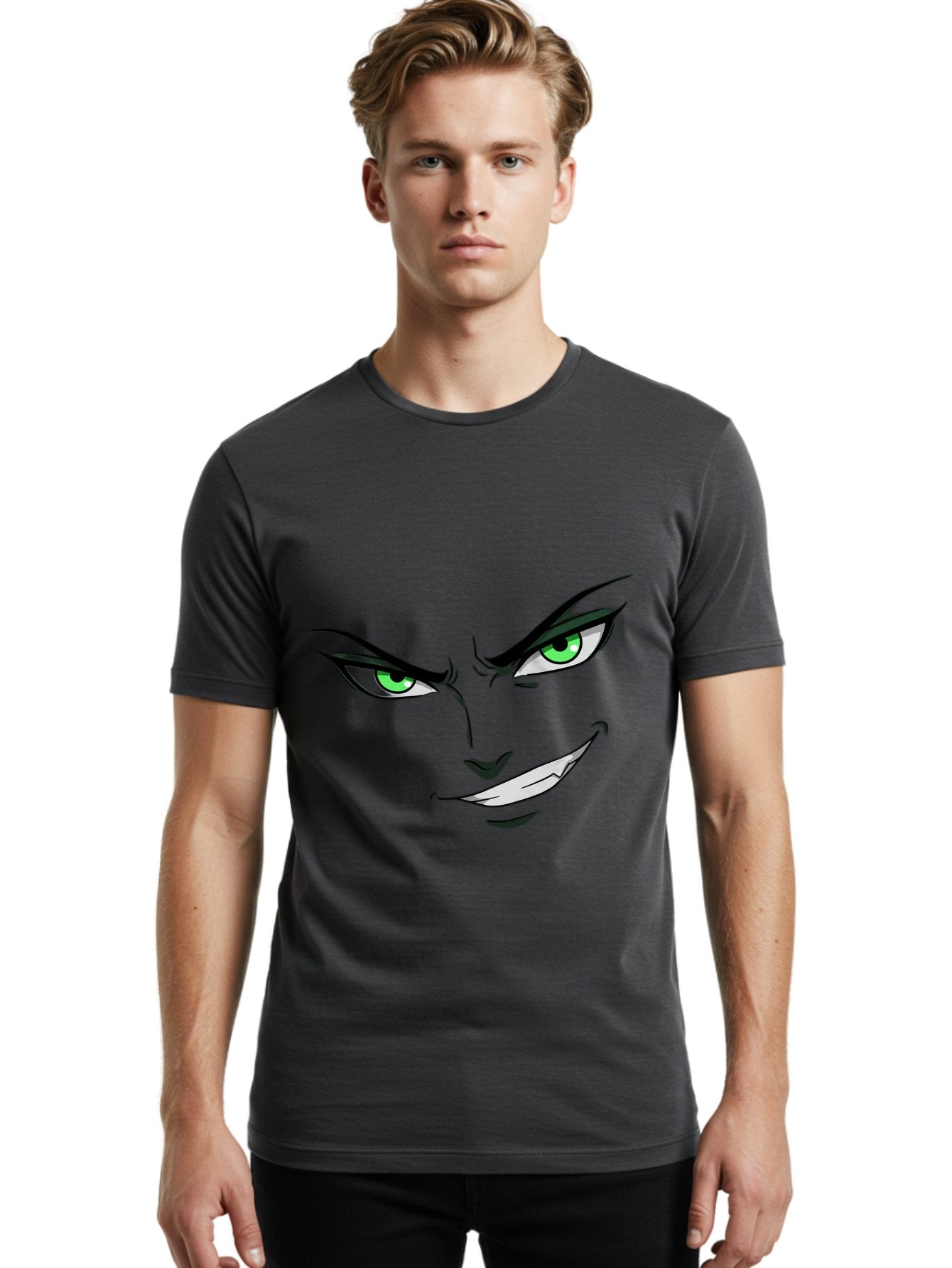 Mischievous-Face Men'S Graphic Tee, 100% Cotton, Comfortable Casual Summer Wear, Machine Washable, Cartoon Joker Face, Evil Grin, Menacing Stare, Green Eyes, Black Eyeliner, Comic Book Style, Villainous Character, Sinister Smile, Playful Tone, Bac189 20