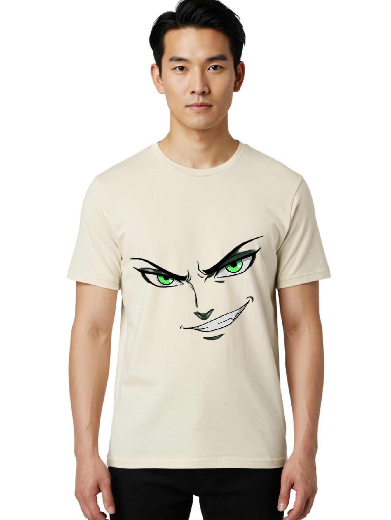 Mischievous-Face Men'S Graphic Tee, 100% Cotton, Comfortable Casual Summer Wear, Machine Washable, Cartoon Joker Face, Evil Grin, Menacing Stare, Green Eyes, Black Eyeliner, Comic Book Style, Villainous Character, Sinister Smile, Playful Tone, Bac189 24