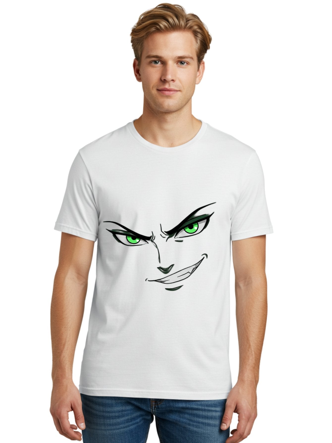 Mischievous-Face Men'S Graphic Tee, 100% Cotton, Comfortable Casual Summer Wear, Machine Washable, Cartoon Joker Face, Evil Grin, Menacing Stare, Green Eyes, Black Eyeliner, Comic Book Style, Villainous Character, Sinister Smile, Playful Tone, Bac189 28