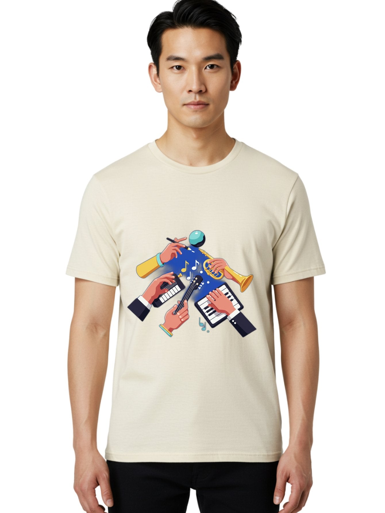 Music-Maestro Men'S Graphic Tee, 100% Cotton, Comfortable Casual Summer Wear, Machine Washable, Musical Man, Multiple Instruments, Creative Music, Diverse Instrumentation, Harmonious Sound, Innovative Art, Music Lover, Melodious Harmony, Bac190 22