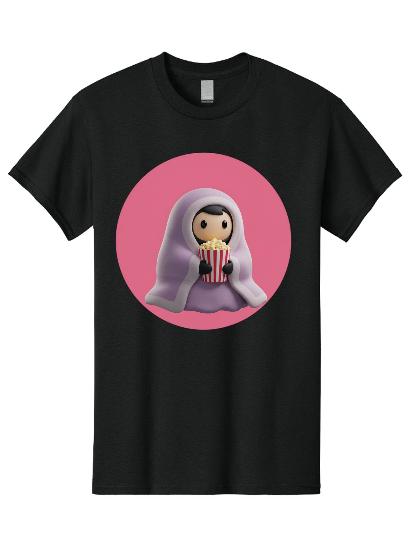 Muslim-Girl-Eating-Popcorn Men'S Graphic Tee, 100% Cotton, Comfortable Casual Summer Wear, Machine Washable, Muslim Girl Eating Popcorn, Cartoon Character, Purple Hijab, Red And White Striped Bucket, Funny Illustration, Kawaii Art, Bac192 12
