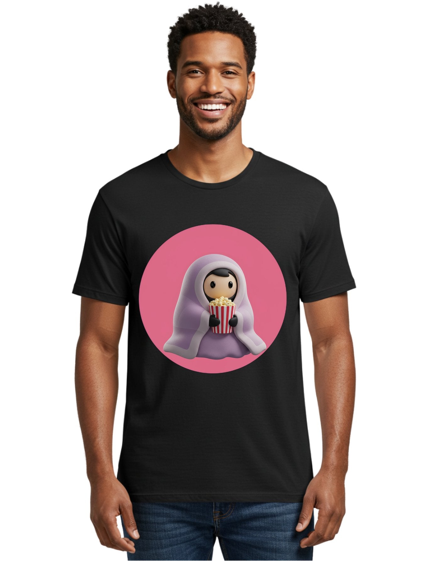 Muslim-Girl-Eating-Popcorn Men'S Graphic Tee, 100% Cotton, Comfortable Casual Summer Wear, Machine Washable, Muslim Girl Eating Popcorn, Cartoon Character, Purple Hijab, Red And White Striped Bucket, Funny Illustration, Kawaii Art, Bac192 28