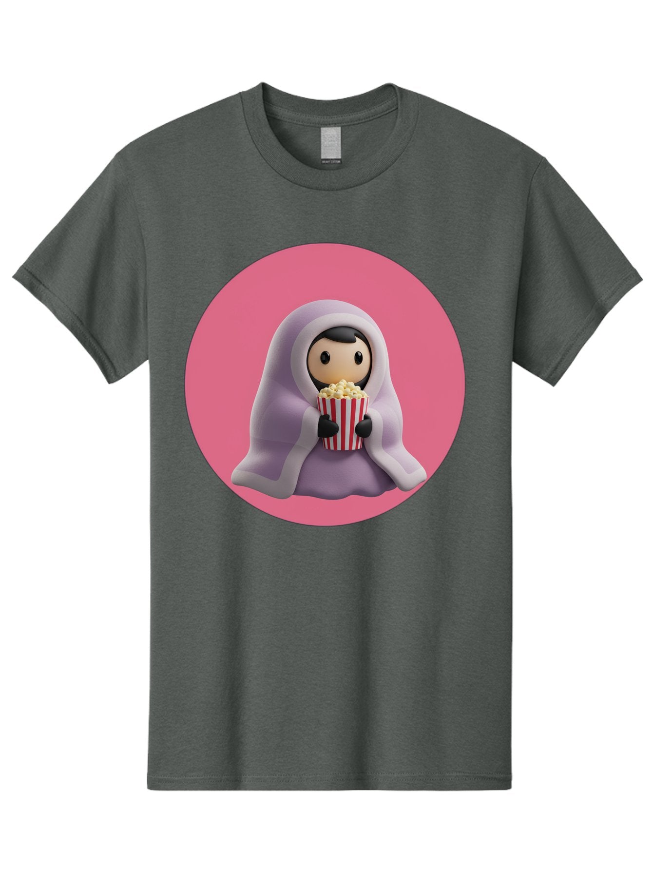 Muslim-Girl-Eating-Popcorn Men'S Graphic Tee, 100% Cotton, Comfortable Casual Summer Wear, Machine Washable, Muslim Girl Eating Popcorn, Cartoon Character, Purple Hijab, Red And White Striped Bucket, Funny Illustration, Kawaii Art, Bac192 15