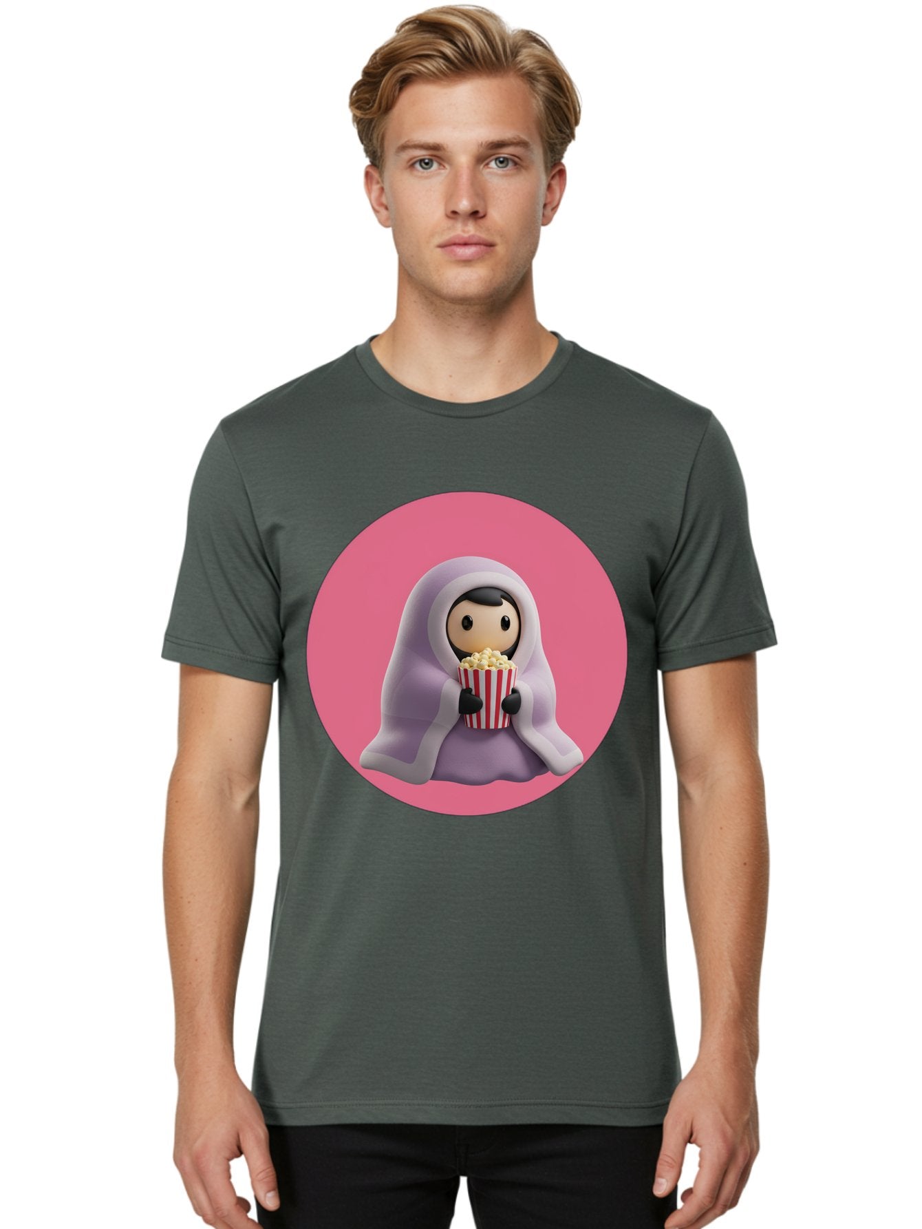 Muslim-Girl-Eating-Popcorn Men'S Graphic Tee, 100% Cotton, Comfortable Casual Summer Wear, Machine Washable, Muslim Girl Eating Popcorn, Cartoon Character, Purple Hijab, Red And White Striped Bucket, Funny Illustration, Kawaii Art, Bac192 30