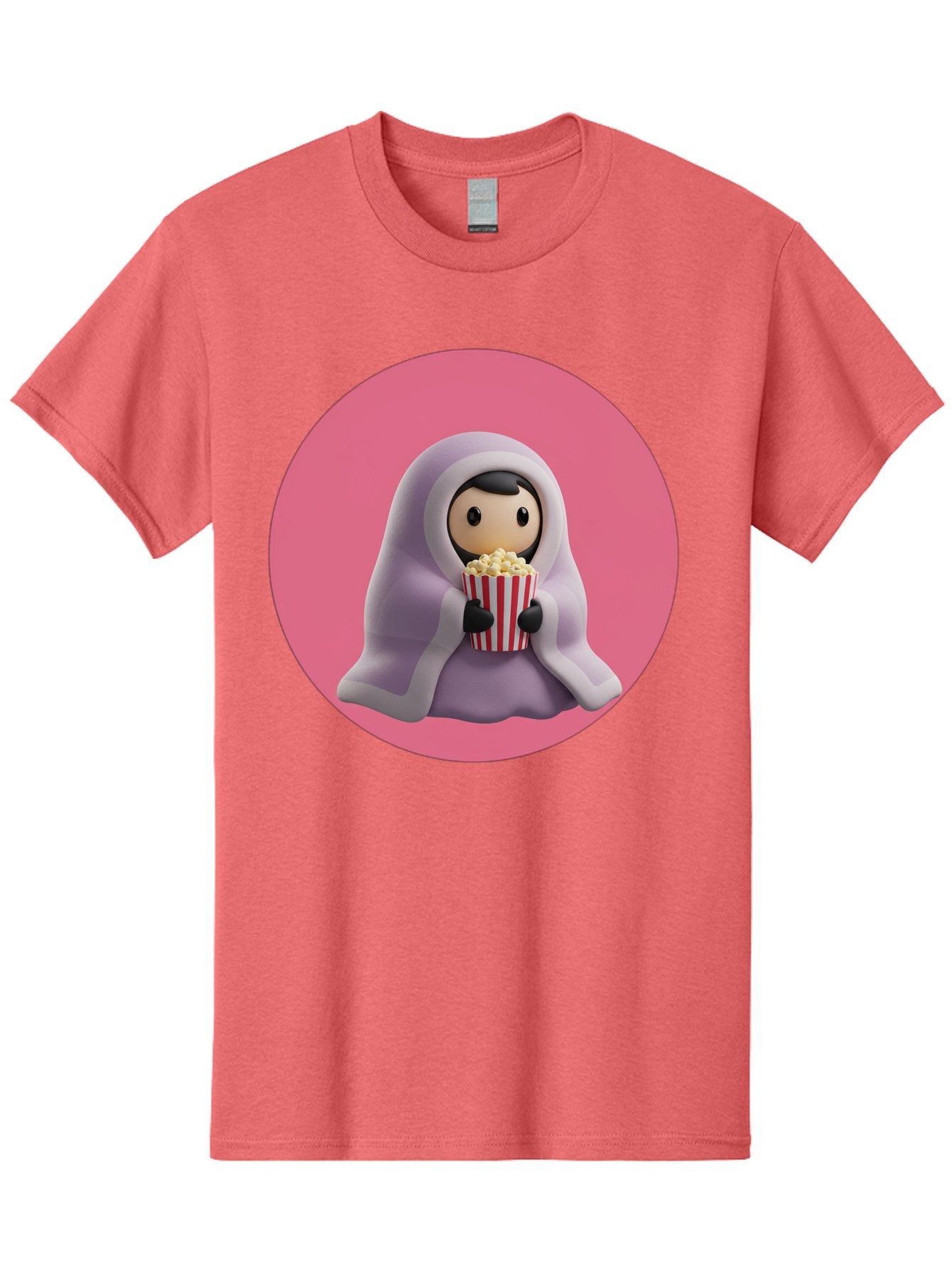 Muslim-Girl-Eating-Popcorn Men'S Graphic Tee, 100% Cotton, Comfortable Casual Summer Wear, Machine Washable, Muslim Girl Eating Popcorn, Cartoon Character, Purple Hijab, Red And White Striped Bucket, Funny Illustration, Kawaii Art, Bac192