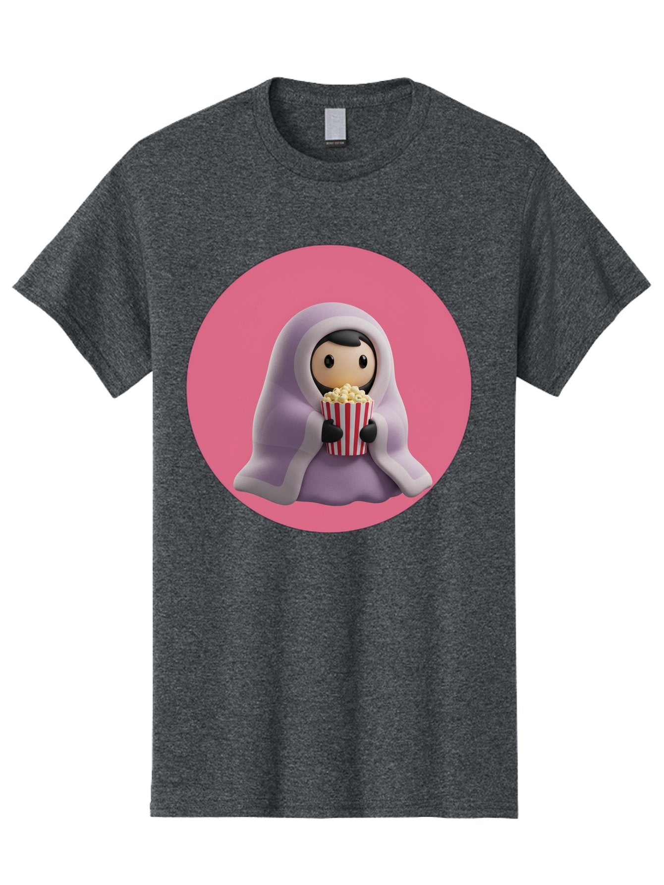 Muslim-Girl-Eating-Popcorn Men'S Graphic Tee, 100% Cotton, Comfortable Casual Summer Wear, Machine Washable, Muslim Girl Eating Popcorn, Cartoon Character, Purple Hijab, Red And White Striped Bucket, Funny Illustration, Kawaii Art, Bac192 8