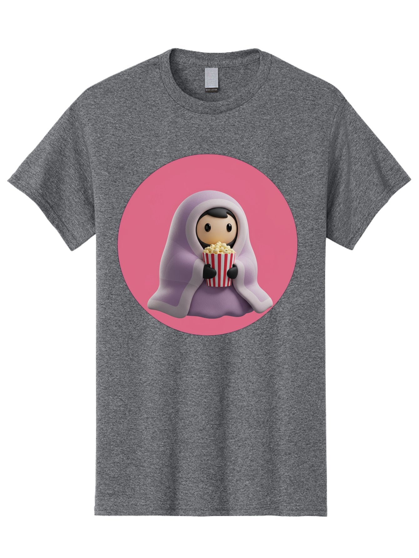 Muslim-Girl-Eating-Popcorn Men'S Graphic Tee, 100% Cotton, Comfortable Casual Summer Wear, Machine Washable, Muslim Girl Eating Popcorn, Cartoon Character, Purple Hijab, Red And White Striped Bucket, Funny Illustration, Kawaii Art, Bac192 9