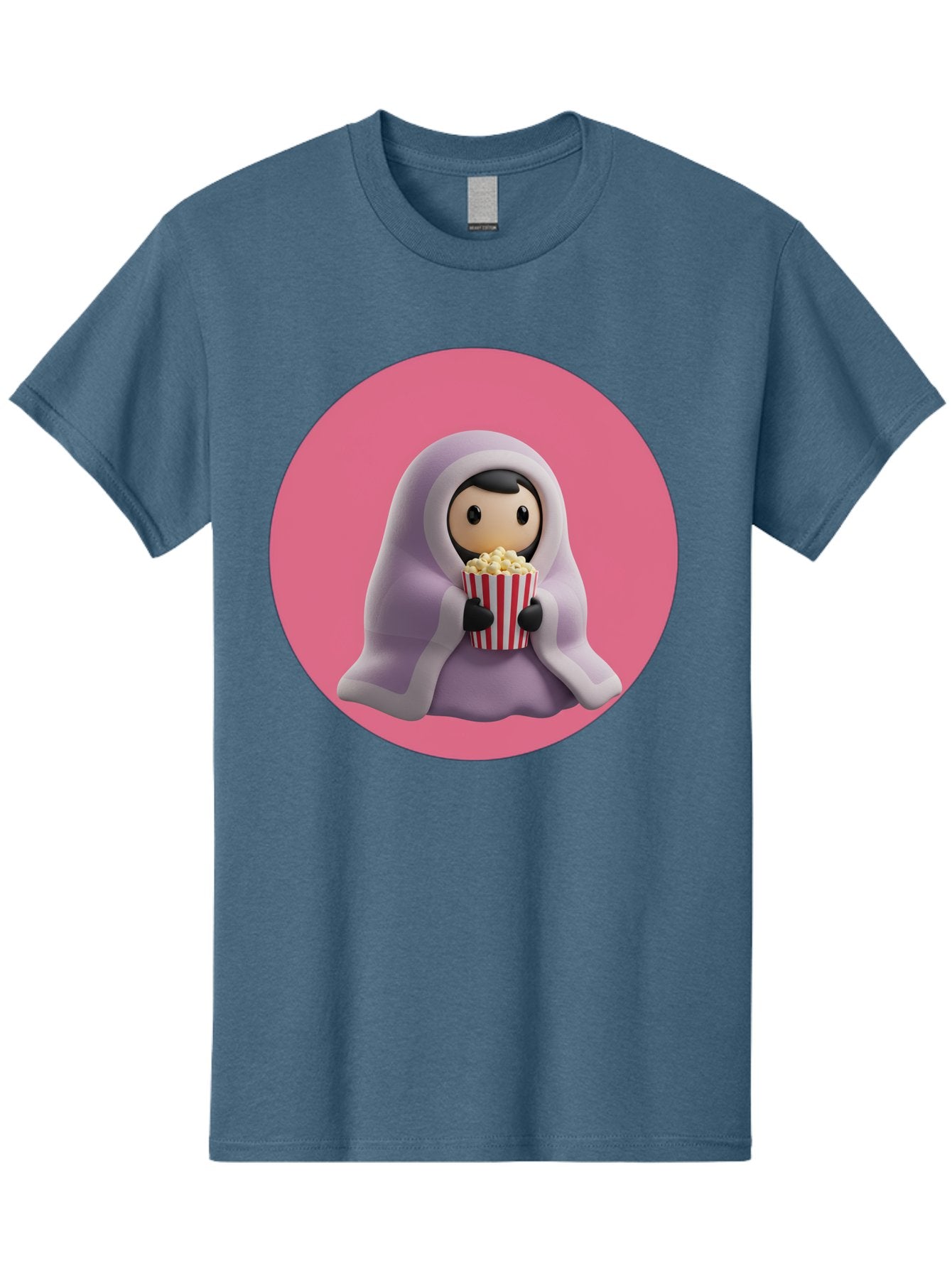 Muslim-Girl-Eating-Popcorn Men'S Graphic Tee, 100% Cotton, Comfortable Casual Summer Wear, Machine Washable, Muslim Girl Eating Popcorn, Cartoon Character, Purple Hijab, Red And White Striped Bucket, Funny Illustration, Kawaii Art, Bac192 5