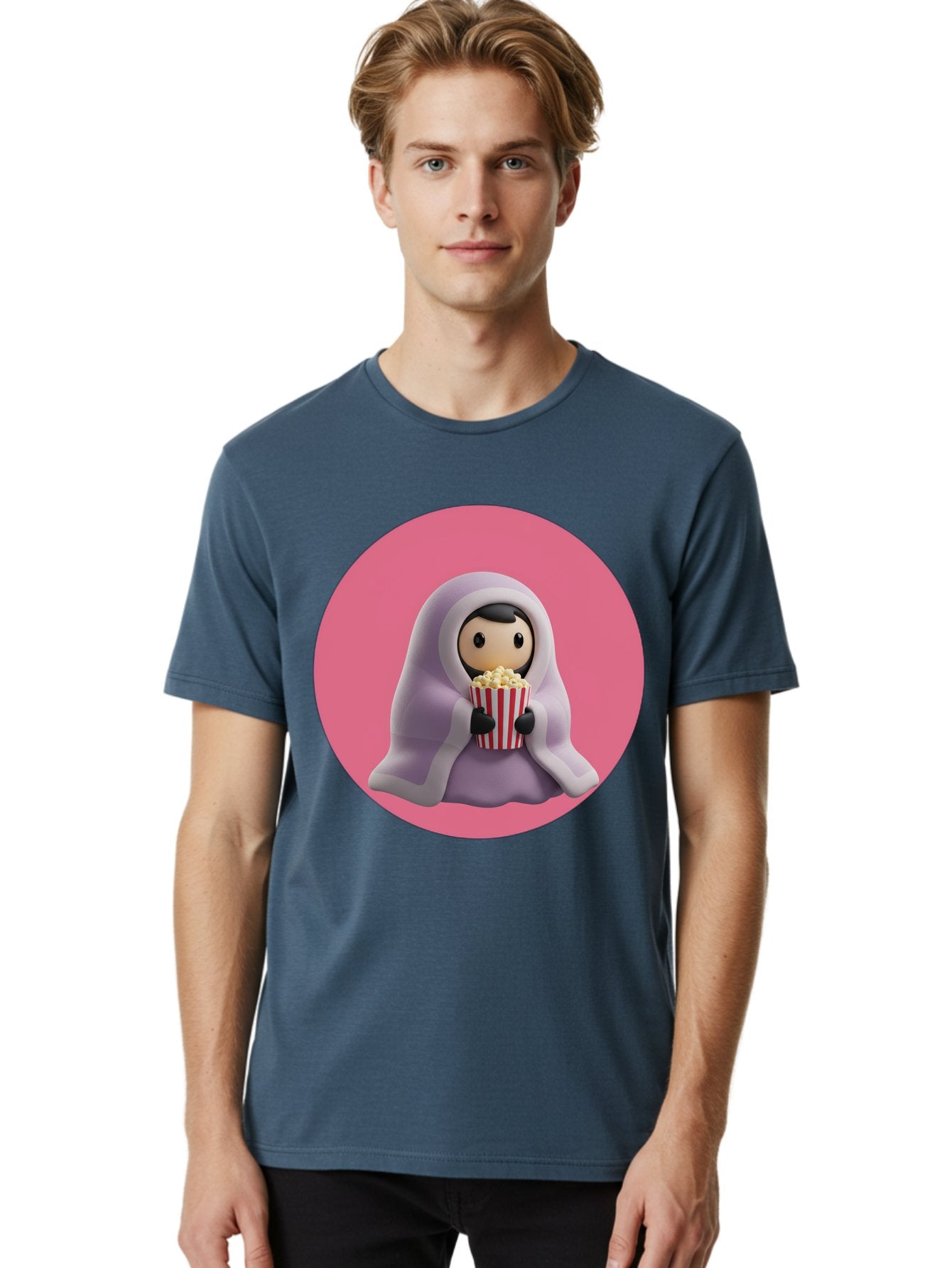 Muslim-Girl-Eating-Popcorn Men'S Graphic Tee, 100% Cotton, Comfortable Casual Summer Wear, Machine Washable, Muslim Girl Eating Popcorn, Cartoon Character, Purple Hijab, Red And White Striped Bucket, Funny Illustration, Kawaii Art, Bac192 23