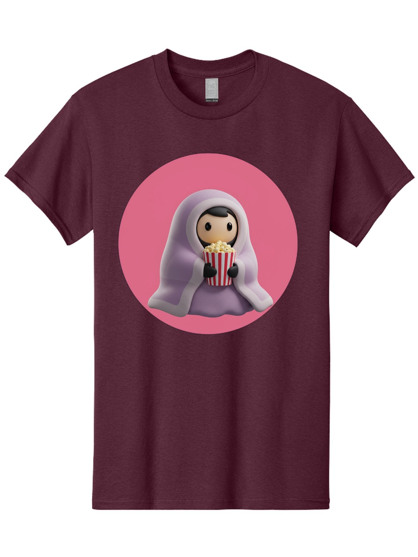 Muslim-Girl-Eating-Popcorn Men'S Graphic Tee, 100% Cotton, Comfortable Casual Summer Wear, Machine Washable, Muslim Girl Eating Popcorn, Cartoon Character, Purple Hijab, Red And White Striped Bucket, Funny Illustration, Kawaii Art, Bac192 6