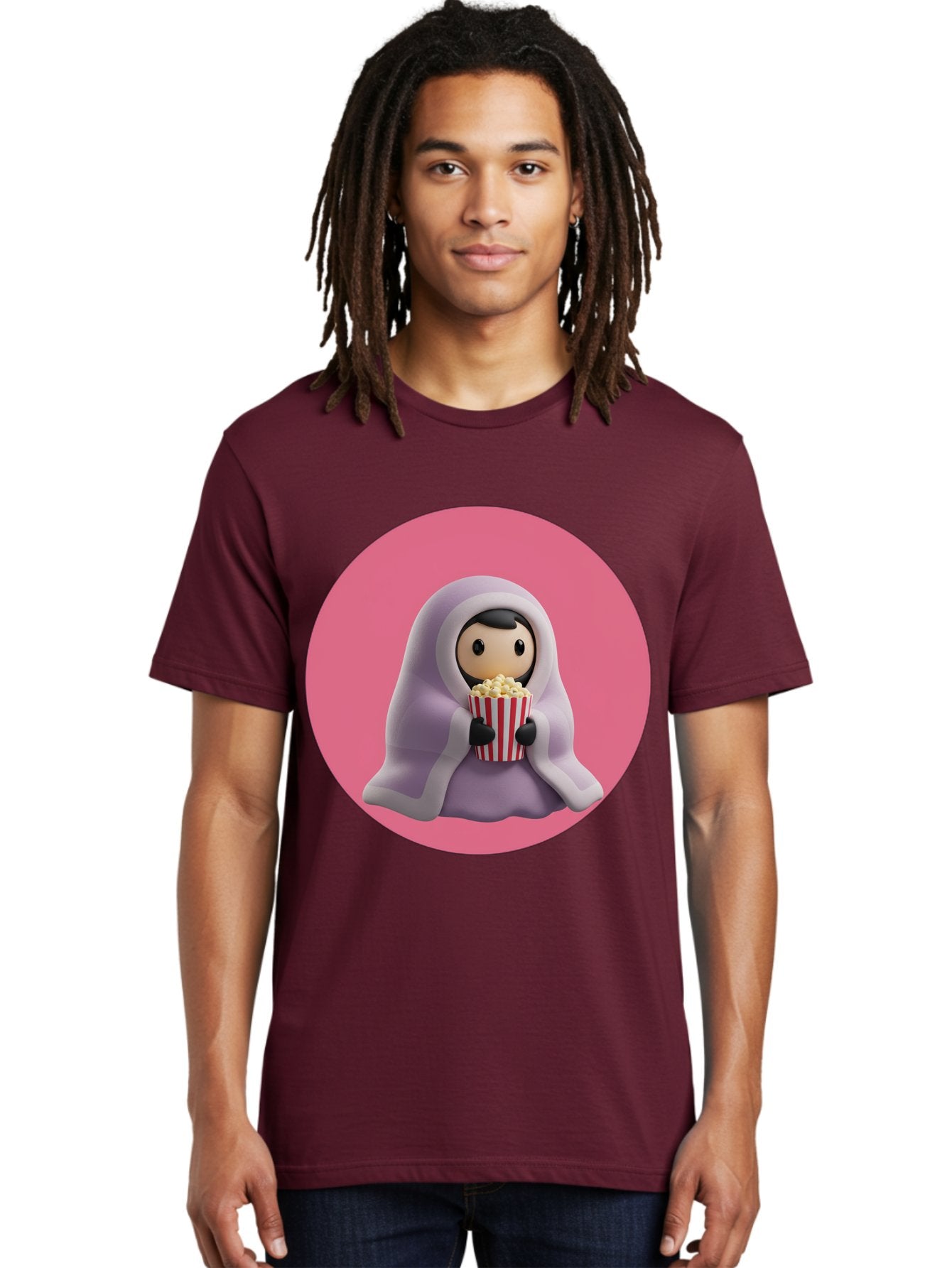 Muslim-Girl-Eating-Popcorn Men'S Graphic Tee, 100% Cotton, Comfortable Casual Summer Wear, Machine Washable, Muslim Girl Eating Popcorn, Cartoon Character, Purple Hijab, Red And White Striped Bucket, Funny Illustration, Kawaii Art, Bac192 24