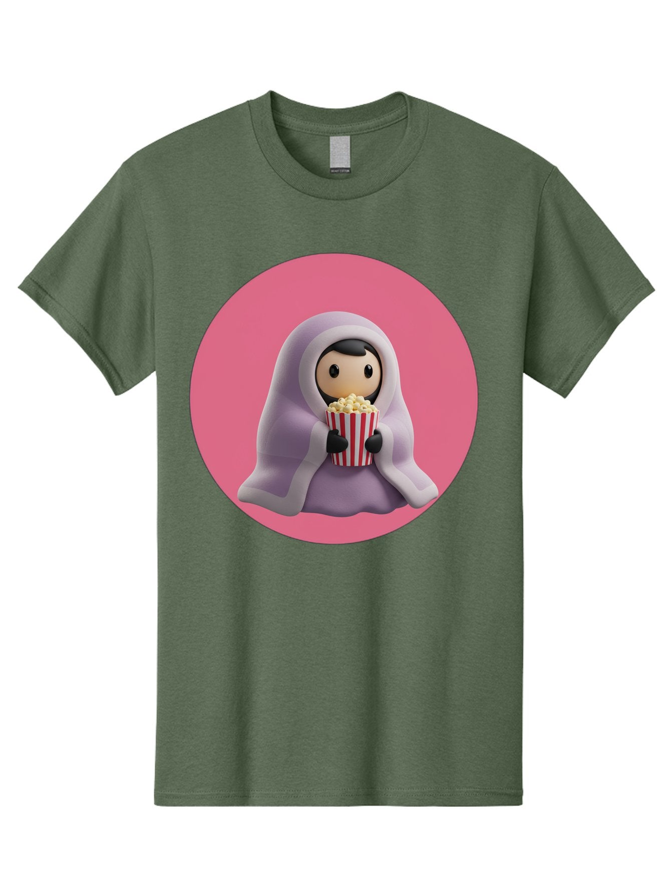Muslim-Girl-Eating-Popcorn Men'S Graphic Tee, 100% Cotton, Comfortable Casual Summer Wear, Machine Washable, Muslim Girl Eating Popcorn, Cartoon Character, Purple Hijab, Red And White Striped Bucket, Funny Illustration, Kawaii Art, Bac192 11