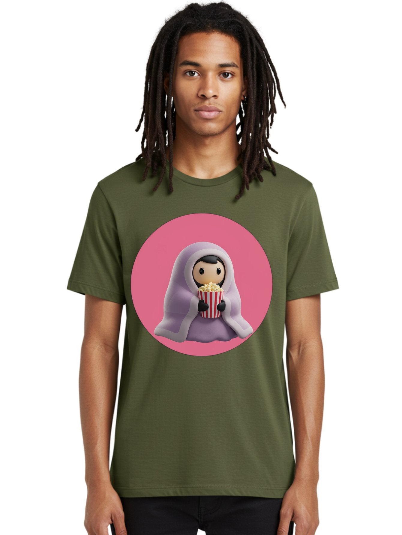 Muslim-Girl-Eating-Popcorn Men'S Graphic Tee, 100% Cotton, Comfortable Casual Summer Wear, Machine Washable, Muslim Girl Eating Popcorn, Cartoon Character, Purple Hijab, Red And White Striped Bucket, Funny Illustration, Kawaii Art, Bac192 27