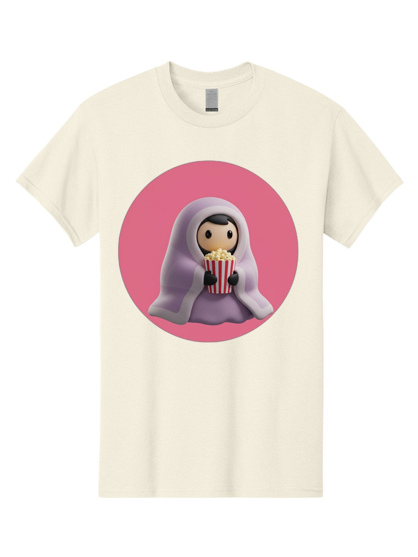 Muslim-Girl-Eating-Popcorn Men'S Graphic Tee, 100% Cotton, Comfortable Casual Summer Wear, Machine Washable, Muslim Girl Eating Popcorn, Cartoon Character, Purple Hijab, Red And White Striped Bucket, Funny Illustration, Kawaii Art, Bac192 10