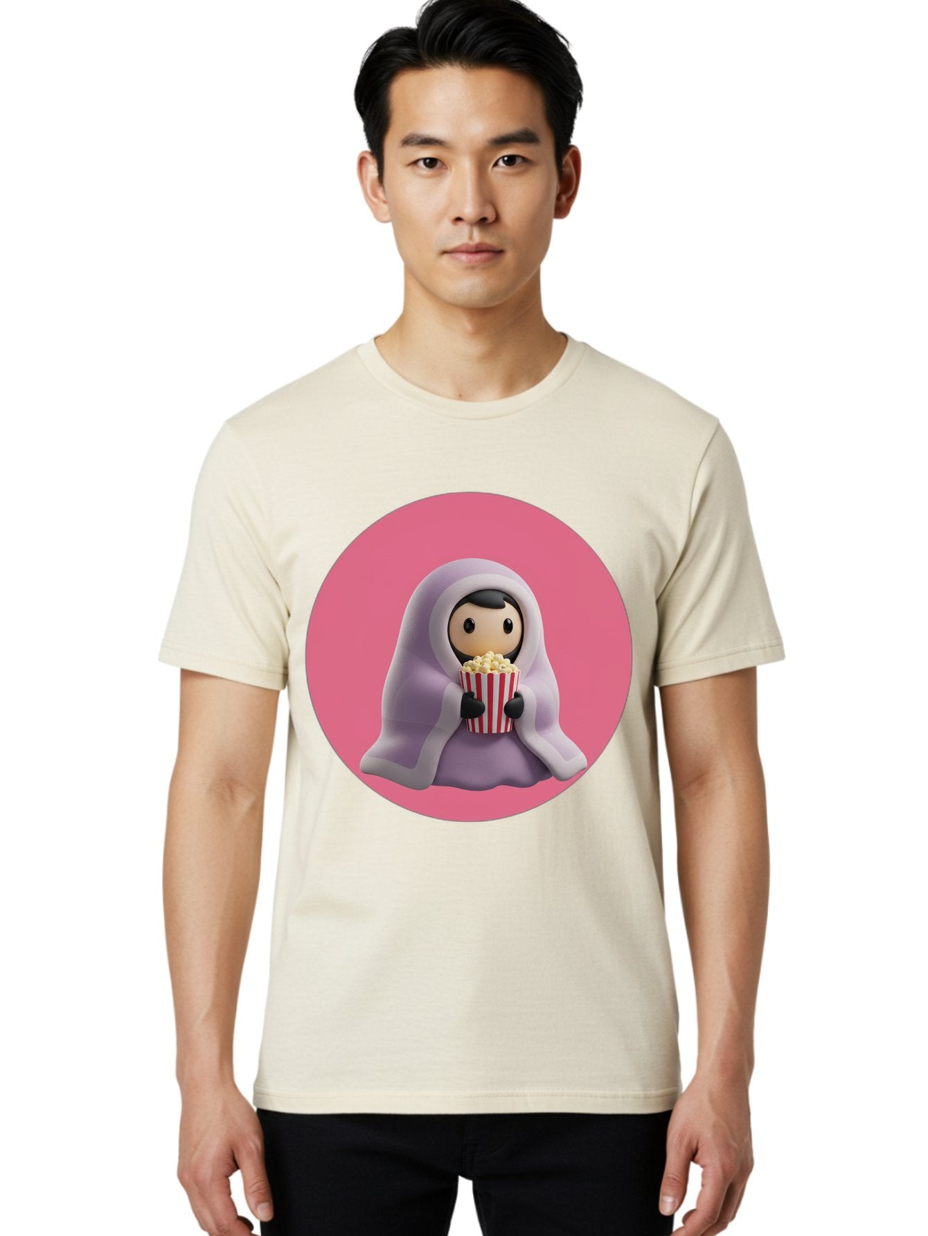 Muslim-Girl-Eating-Popcorn Men'S Graphic Tee, 100% Cotton, Comfortable Casual Summer Wear, Machine Washable, Muslim Girl Eating Popcorn, Cartoon Character, Purple Hijab, Red And White Striped Bucket, Funny Illustration, Kawaii Art, Bac192 17