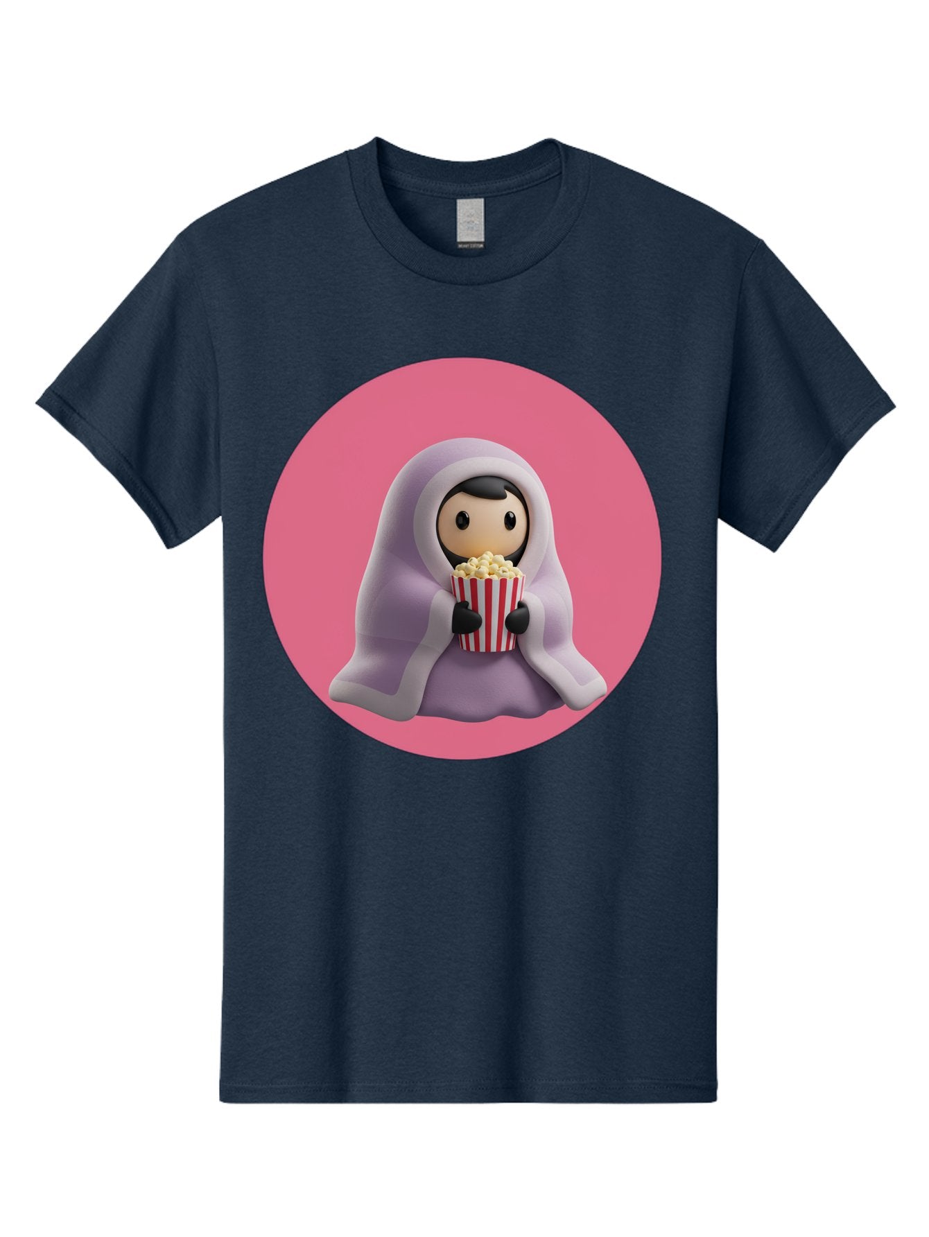 Muslim-Girl-Eating-Popcorn Men'S Graphic Tee, 100% Cotton, Comfortable Casual Summer Wear, Machine Washable, Muslim Girl Eating Popcorn, Cartoon Character, Purple Hijab, Red And White Striped Bucket, Funny Illustration, Kawaii Art, Bac192 7