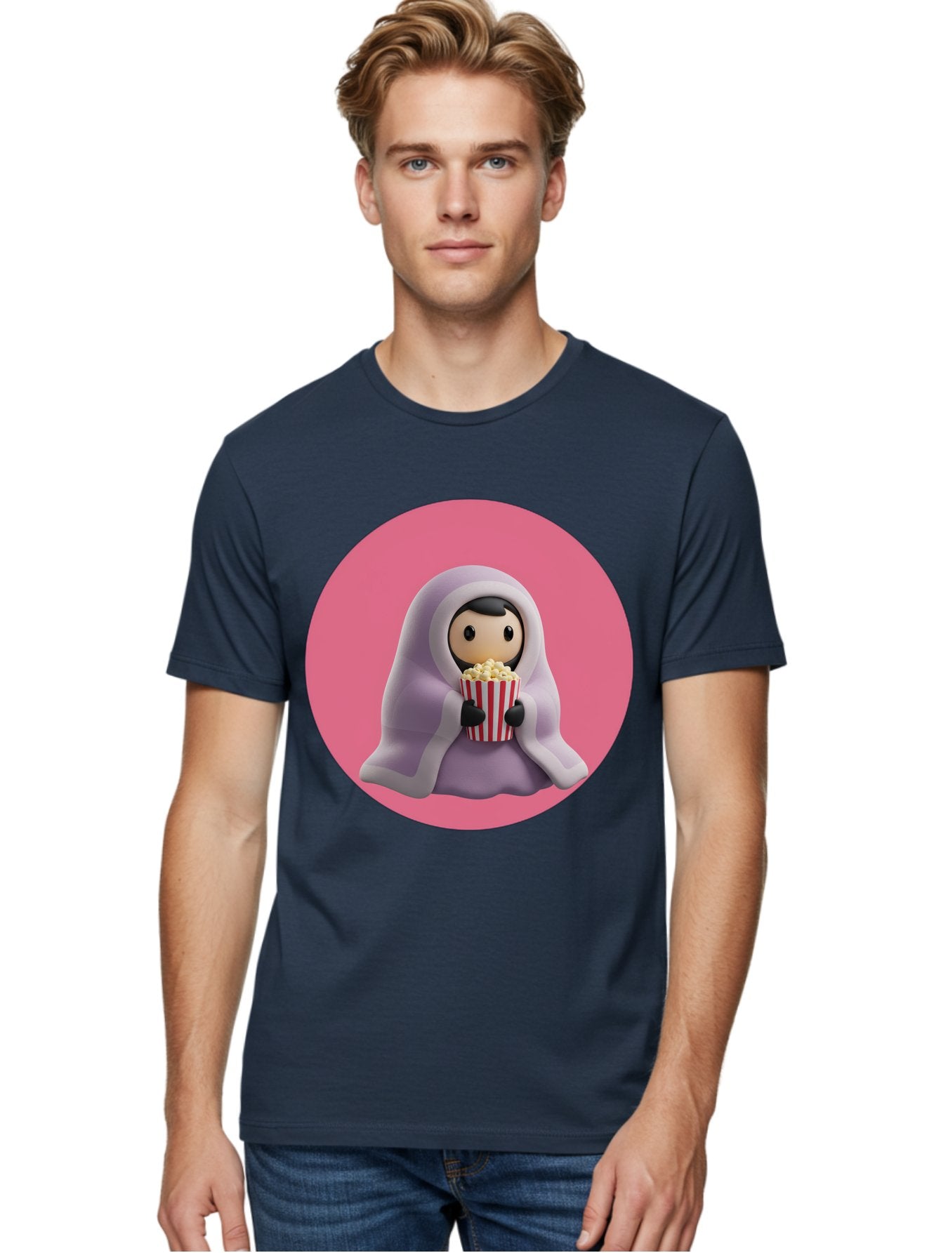 Muslim-Girl-Eating-Popcorn Men'S Graphic Tee, 100% Cotton, Comfortable Casual Summer Wear, Machine Washable, Muslim Girl Eating Popcorn, Cartoon Character, Purple Hijab, Red And White Striped Bucket, Funny Illustration, Kawaii Art, Bac192 16