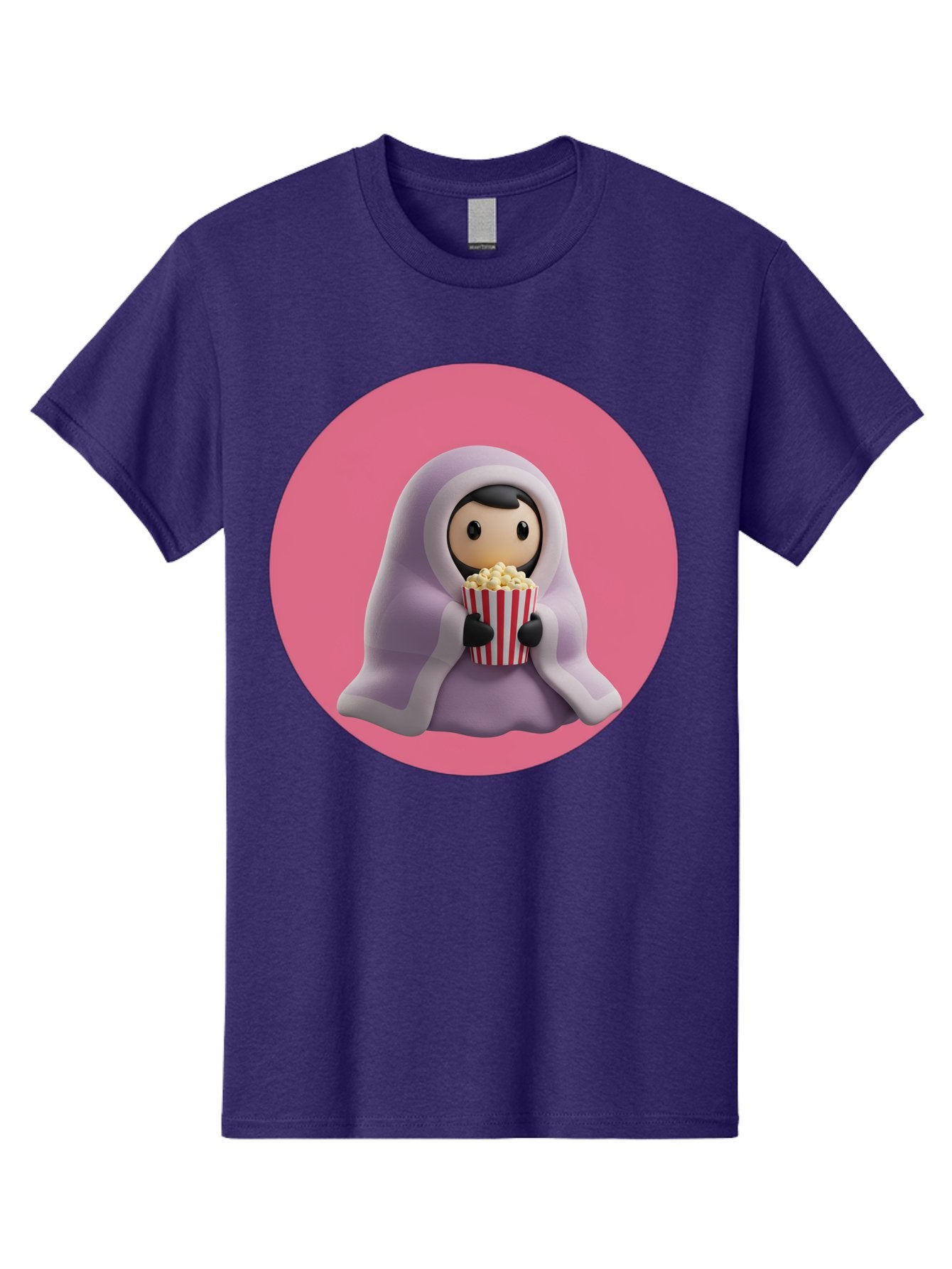 Muslim-Girl-Eating-Popcorn Men'S Graphic Tee, 100% Cotton, Comfortable Casual Summer Wear, Machine Washable, Muslim Girl Eating Popcorn, Cartoon Character, Purple Hijab, Red And White Striped Bucket, Funny Illustration, Kawaii Art, Bac192 3