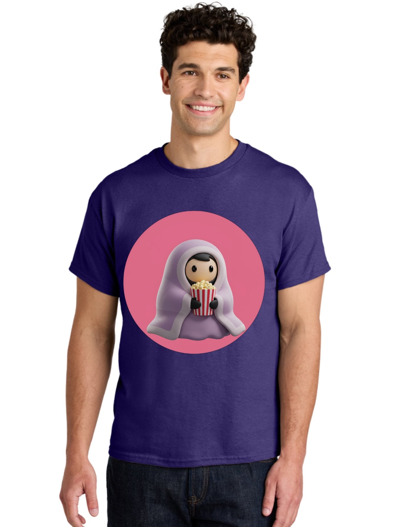 Muslim-Girl-Eating-Popcorn Men'S Graphic Tee, 100% Cotton, Comfortable Casual Summer Wear, Machine Washable, Muslim Girl Eating Popcorn, Cartoon Character, Purple Hijab, Red And White Striped Bucket, Funny Illustration, Kawaii Art, Bac192 22