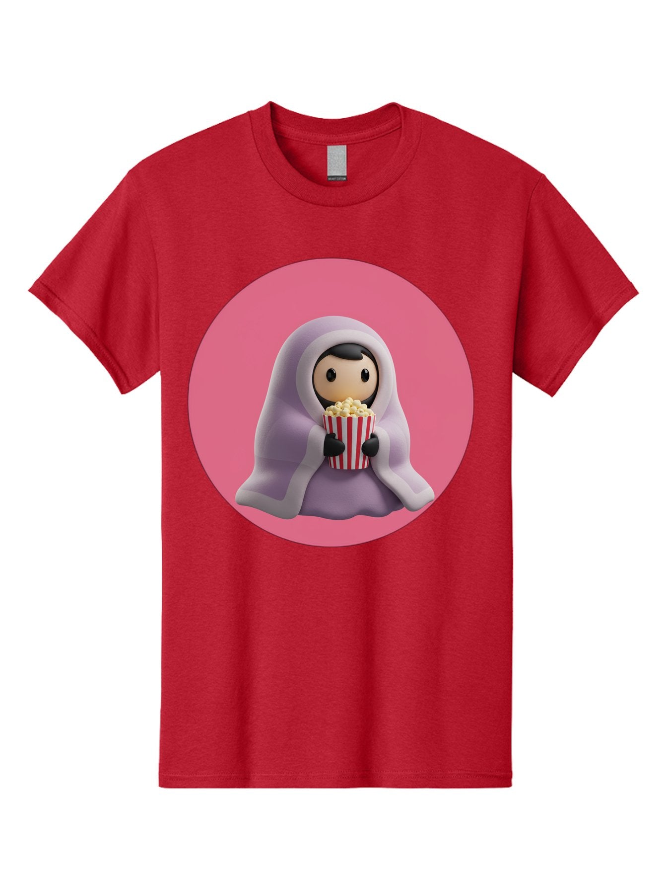 Muslim-Girl-Eating-Popcorn Men'S Graphic Tee, 100% Cotton, Comfortable Casual Summer Wear, Machine Washable, Muslim Girl Eating Popcorn, Cartoon Character, Purple Hijab, Red And White Striped Bucket, Funny Illustration, Kawaii Art, Bac192 4