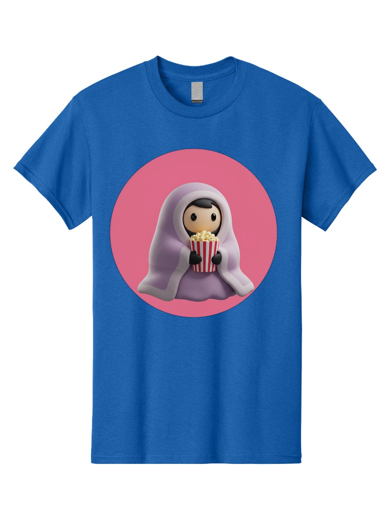 Muslim-Girl-Eating-Popcorn Men'S Graphic Tee, 100% Cotton, Comfortable Casual Summer Wear, Machine Washable, Muslim Girl Eating Popcorn, Cartoon Character, Purple Hijab, Red And White Striped Bucket, Funny Illustration, Kawaii Art, Bac192