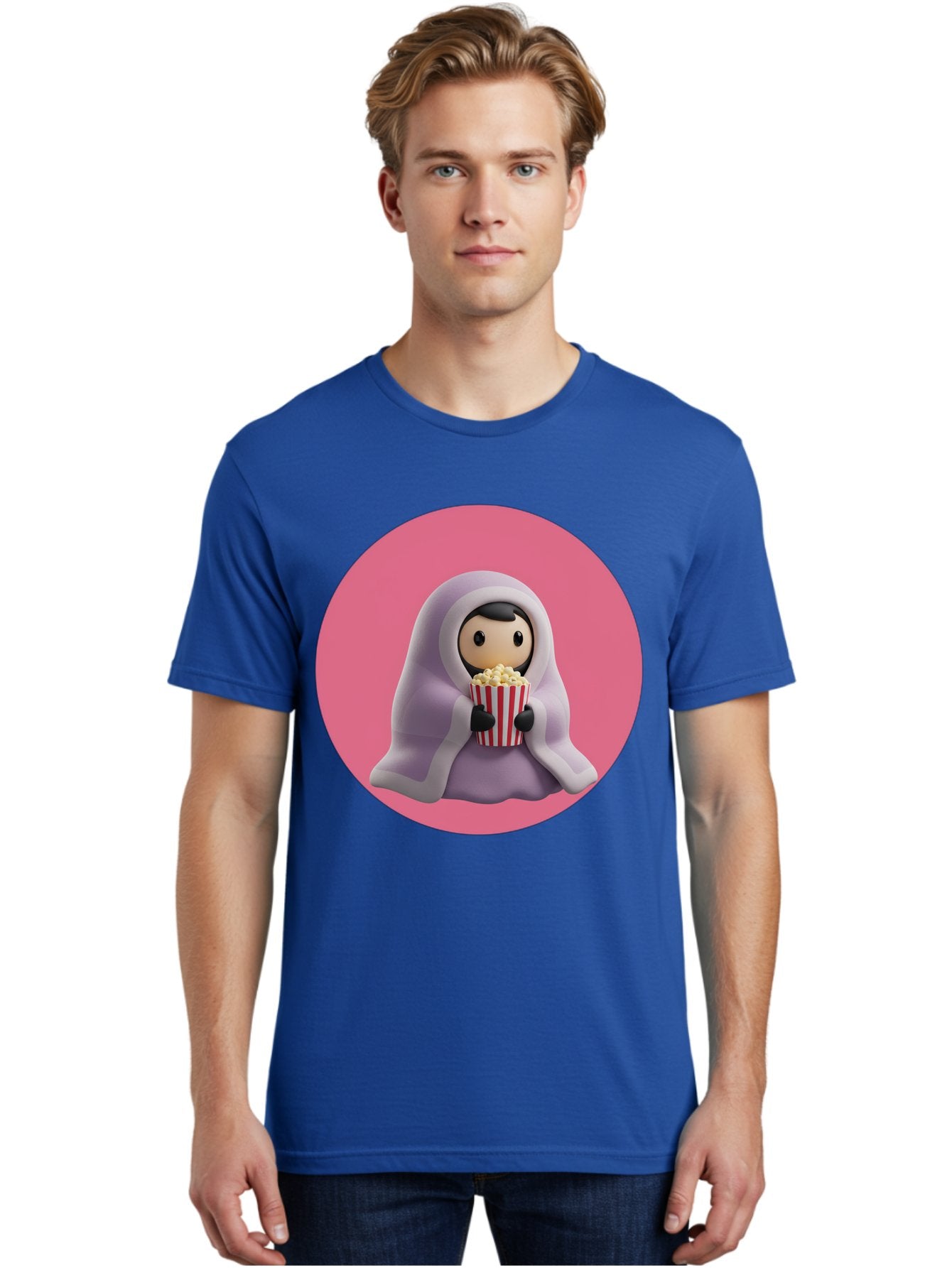 Muslim-Girl-Eating-Popcorn Men'S Graphic Tee, 100% Cotton, Comfortable Casual Summer Wear, Machine Washable, Muslim Girl Eating Popcorn, Cartoon Character, Purple Hijab, Red And White Striped Bucket, Funny Illustration, Kawaii Art, Bac192 21