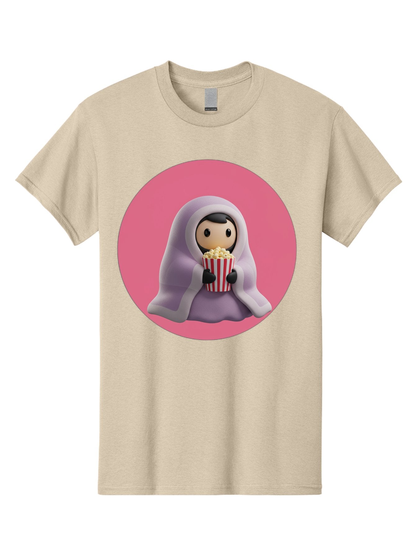 Muslim-Girl-Eating-Popcorn Men'S Graphic Tee, 100% Cotton, Comfortable Casual Summer Wear, Machine Washable, Muslim Girl Eating Popcorn, Cartoon Character, Purple Hijab, Red And White Striped Bucket, Funny Illustration, Kawaii Art, Bac192 14