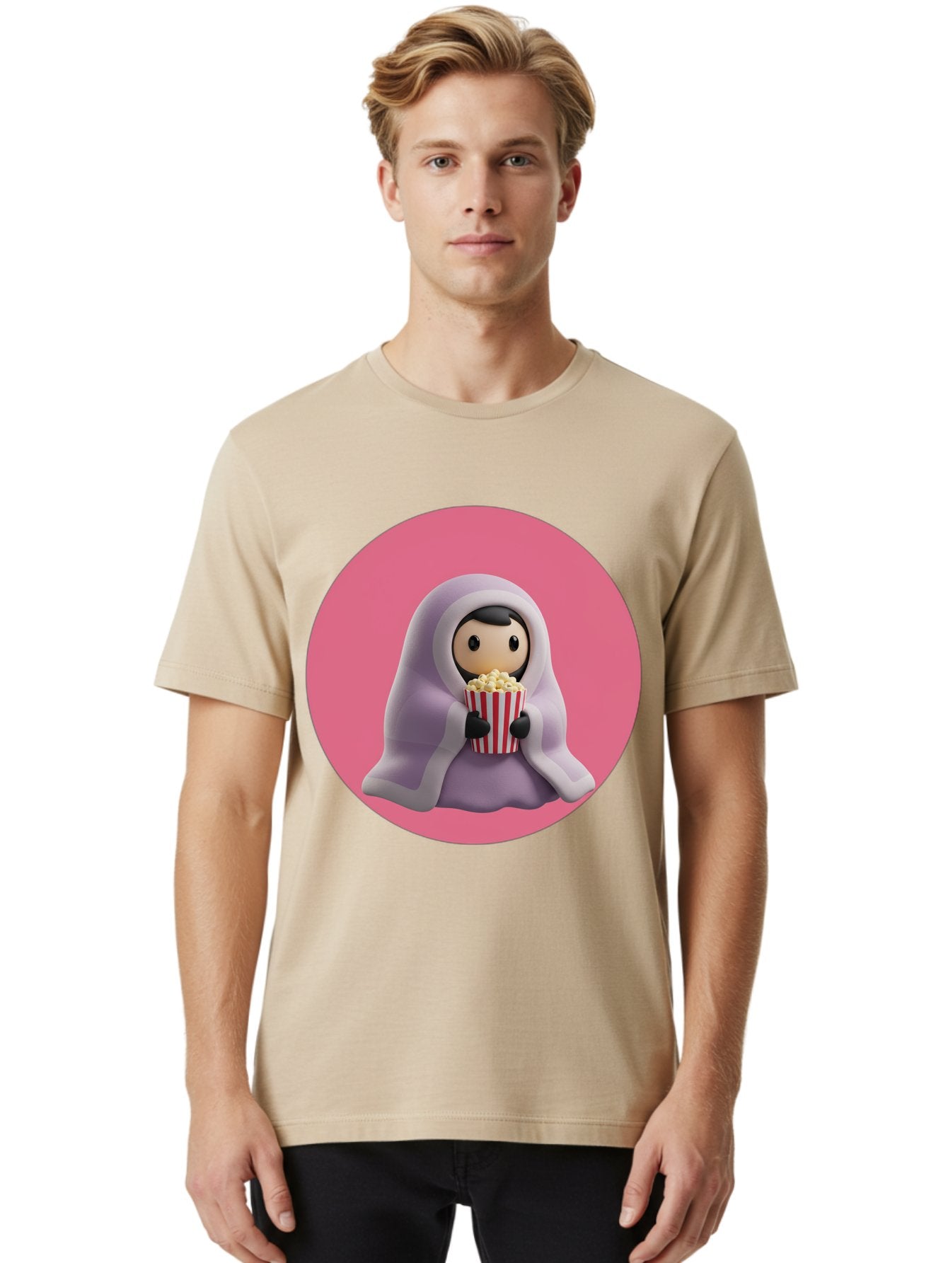 Muslim-Girl-Eating-Popcorn Men'S Graphic Tee, 100% Cotton, Comfortable Casual Summer Wear, Machine Washable, Muslim Girl Eating Popcorn, Cartoon Character, Purple Hijab, Red And White Striped Bucket, Funny Illustration, Kawaii Art, Bac192 29