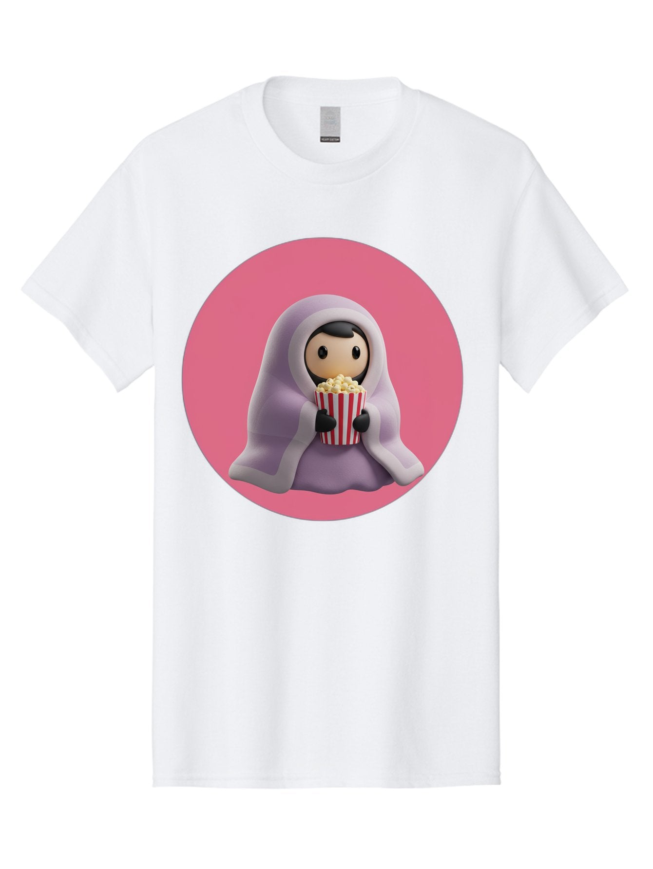 Muslim-Girl-Eating-Popcorn Men'S Graphic Tee, 100% Cotton, Comfortable Casual Summer Wear, Machine Washable, Muslim Girl Eating Popcorn, Cartoon Character, Purple Hijab, Red And White Striped Bucket, Funny Illustration, Kawaii Art, Bac192 13