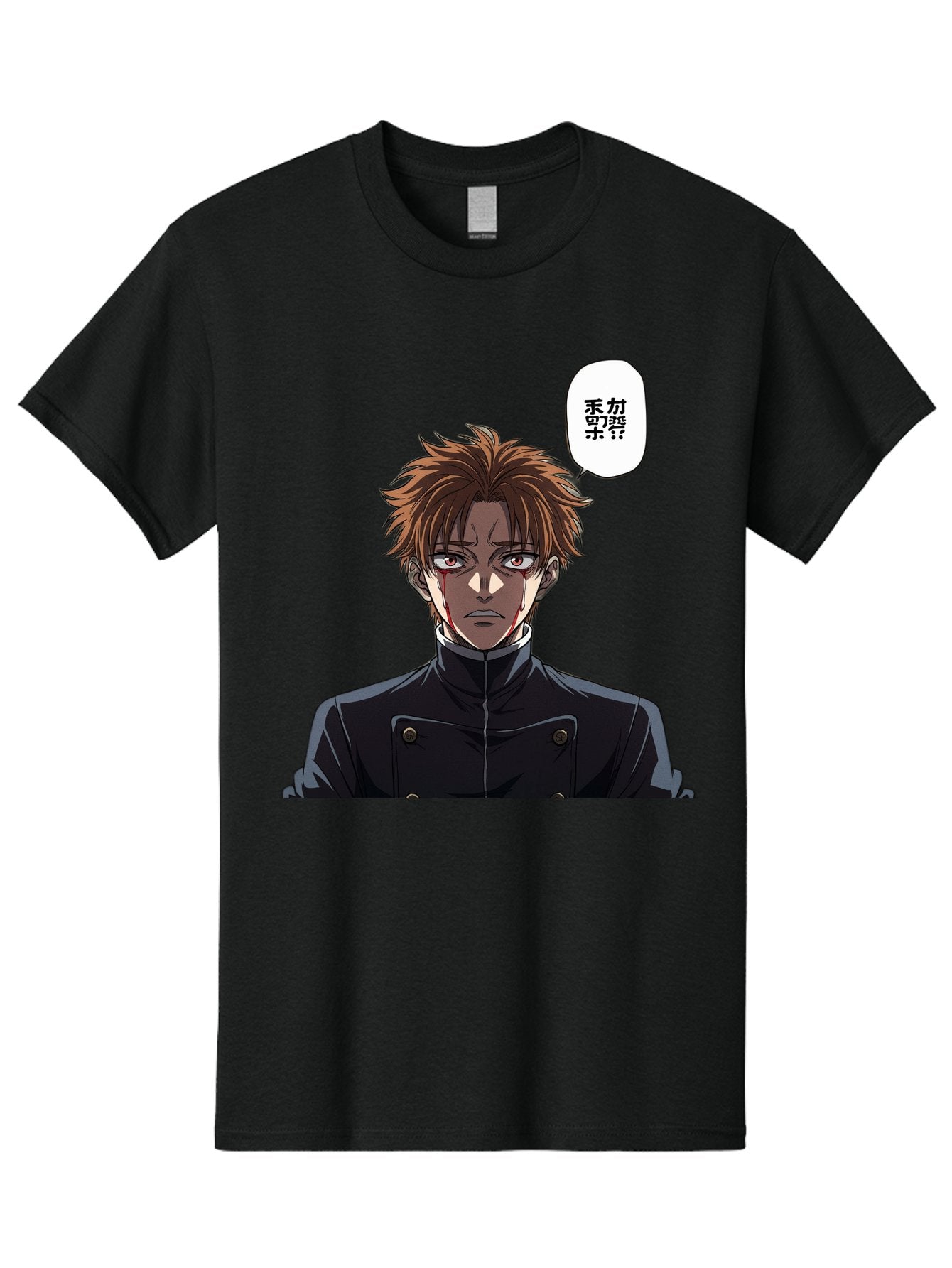 Mysterious-Man Men'S Graphic Tee, 100% Cotton, Comfortable Casual Summer Wear, Machine Washable, Anime Character With Bleeding Face, Mysterious Expression, Unknown Language, Intense Gaze, Chikage, Manga Style, Japanese Text, Black Jacket, Bac193