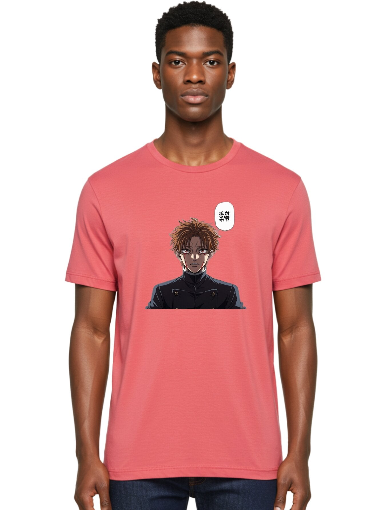 Mysterious-Man Men'S Graphic Tee, 100% Cotton, Comfortable Casual Summer Wear, Machine Washable, Anime Character With Bleeding Face, Mysterious Expression, Unknown Language, Intense Gaze, Chikage, Manga Style, Japanese Text, Black Jacket, Bac193 16