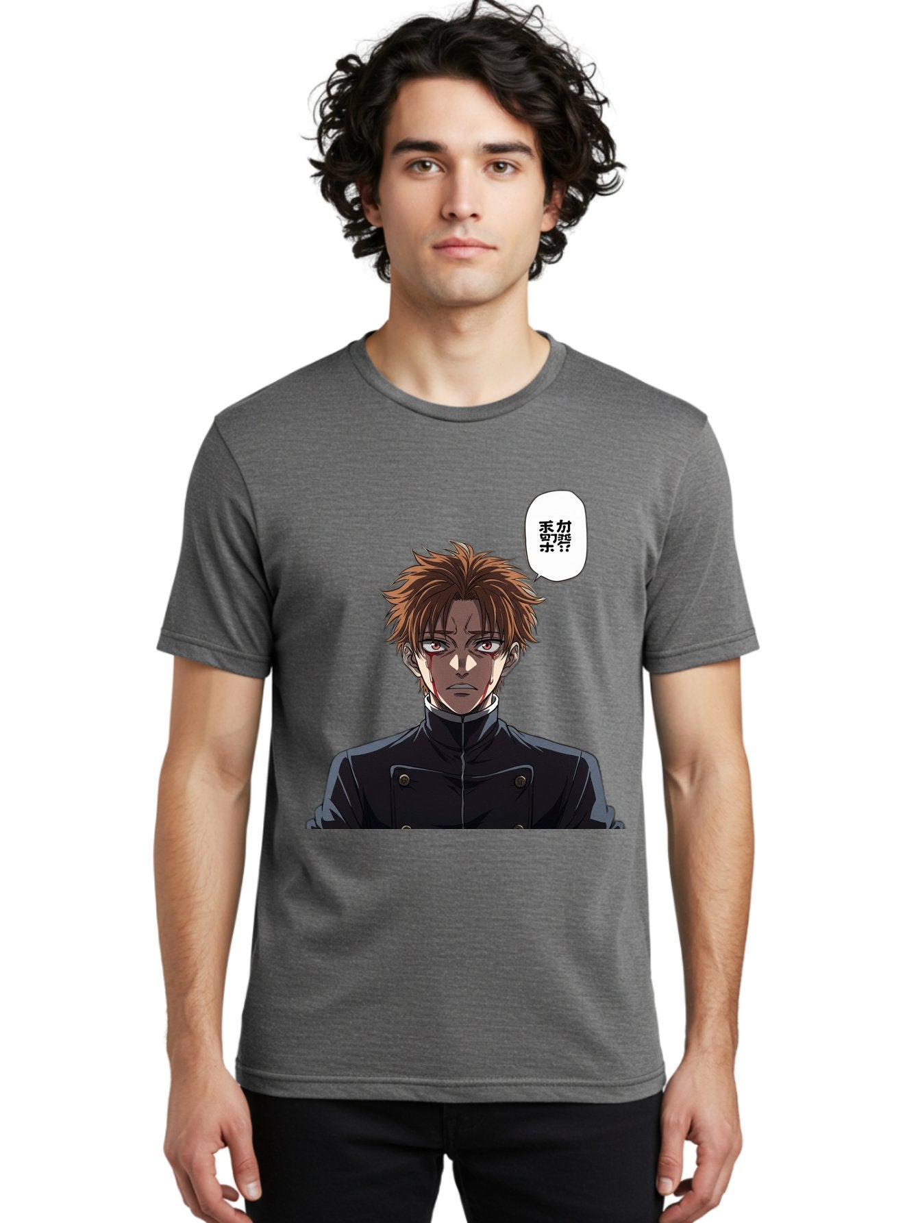 Mysterious-Man Men'S Graphic Tee, 100% Cotton, Comfortable Casual Summer Wear, Machine Washable, Anime Character With Bleeding Face, Mysterious Expression, Unknown Language, Intense Gaze, Chikage, Manga Style, Japanese Text, Black Jacket, Bac193 29