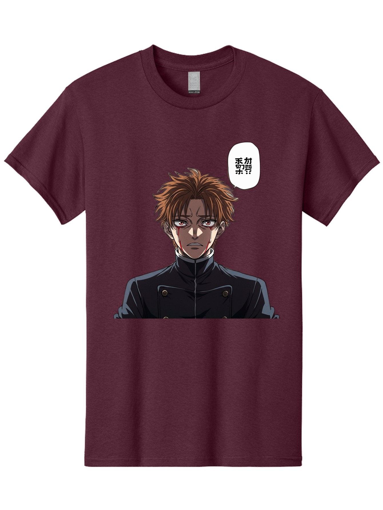 Mysterious-Man Men'S Graphic Tee, 100% Cotton, Comfortable Casual Summer Wear, Machine Washable, Anime Character With Bleeding Face, Mysterious Expression, Unknown Language, Intense Gaze, Chikage, Manga Style, Japanese Text, Black Jacket, Bac193 3