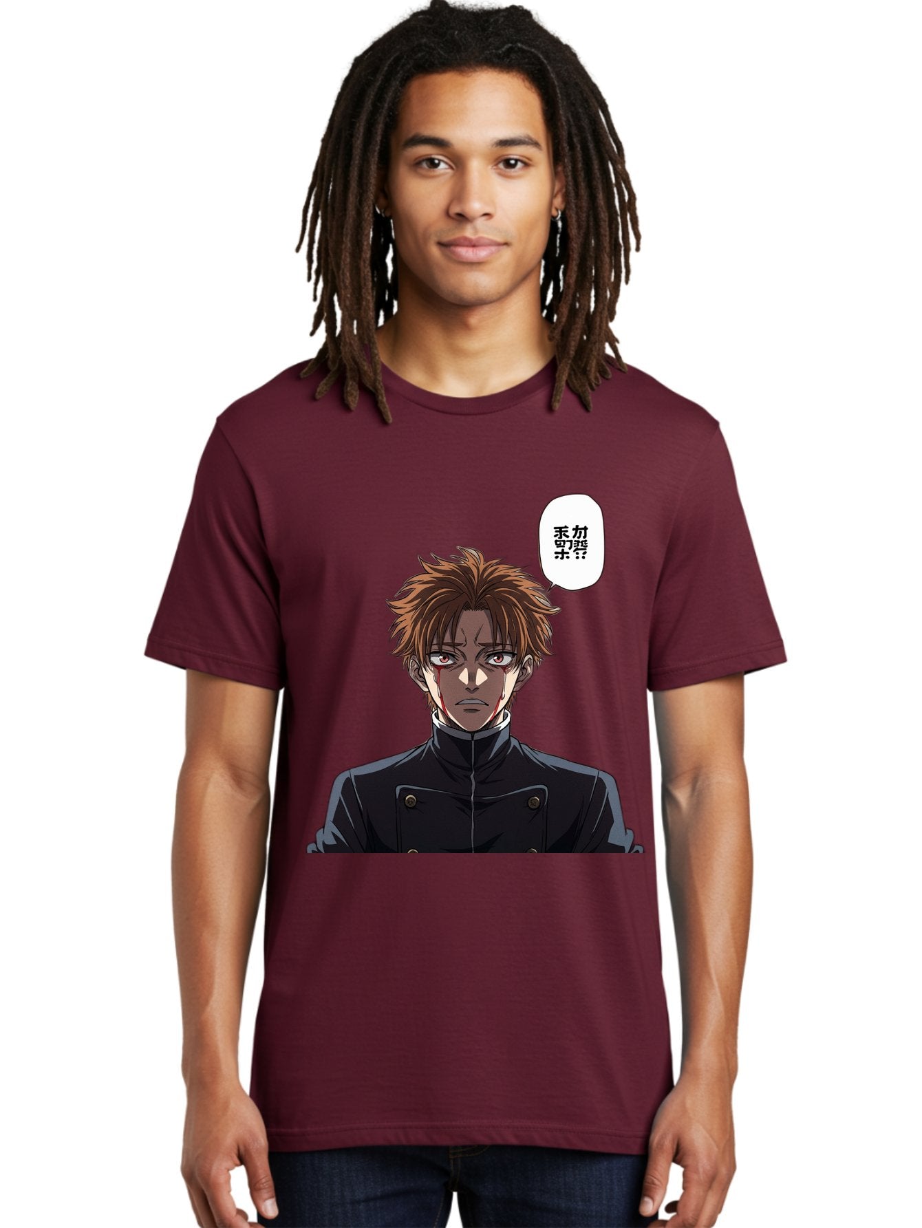 Mysterious-Man Men'S Graphic Tee, 100% Cotton, Comfortable Casual Summer Wear, Machine Washable, Anime Character With Bleeding Face, Mysterious Expression, Unknown Language, Intense Gaze, Chikage, Manga Style, Japanese Text, Black Jacket, Bac193 22