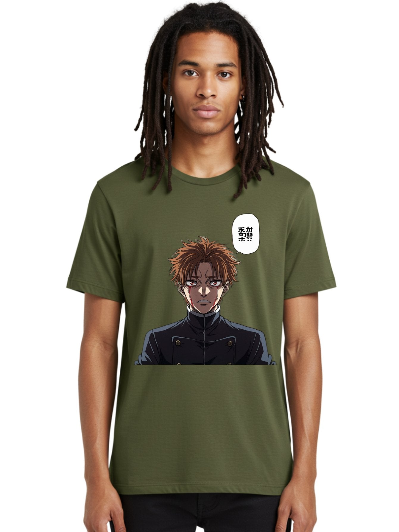Mysterious-Man Men'S Graphic Tee, 100% Cotton, Comfortable Casual Summer Wear, Machine Washable, Anime Character With Bleeding Face, Mysterious Expression, Unknown Language, Intense Gaze, Chikage, Manga Style, Japanese Text, Black Jacket, Bac193 30