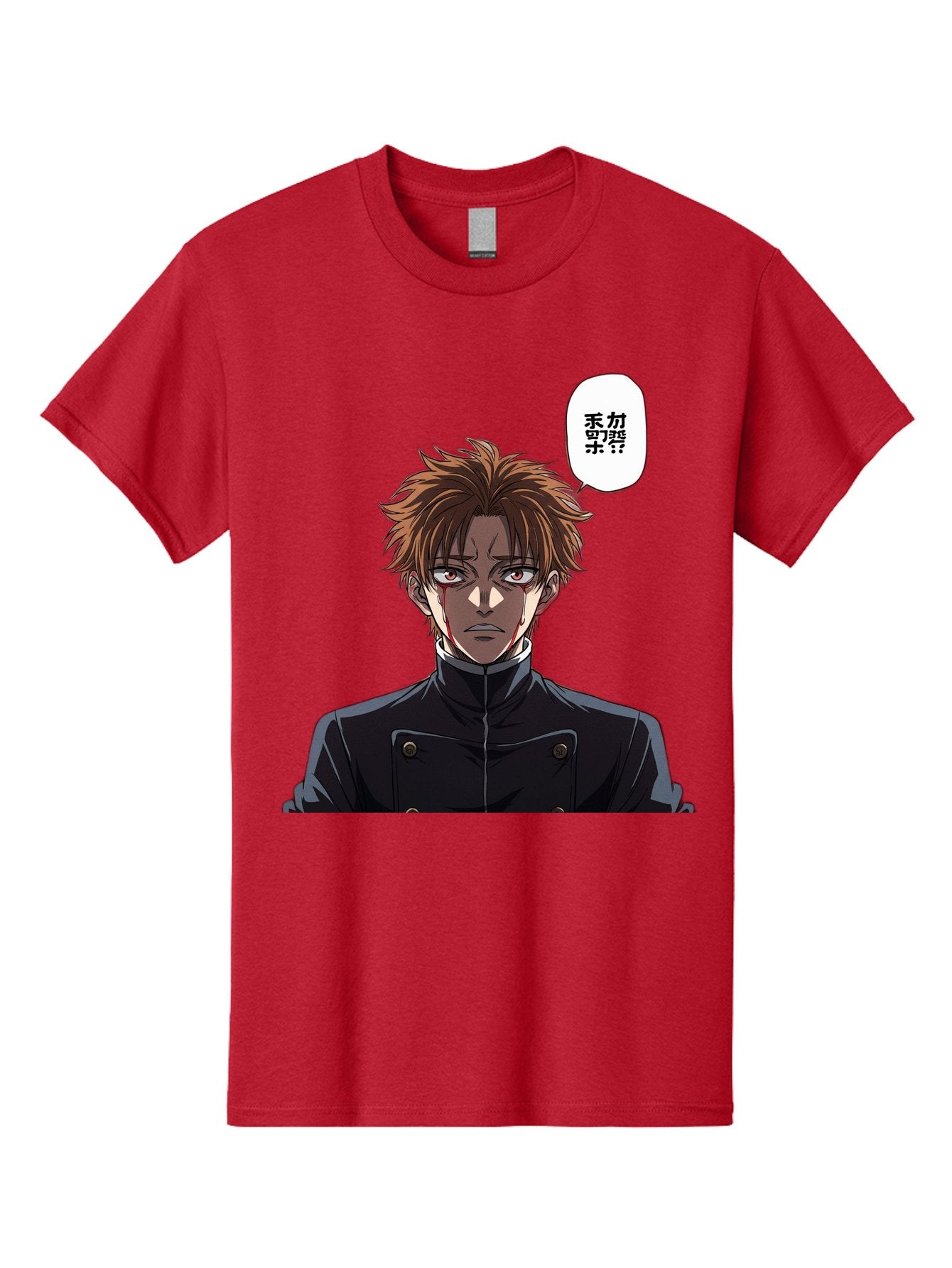 Mysterious-Man Men'S Graphic Tee, 100% Cotton, Comfortable Casual Summer Wear, Machine Washable, Anime Character With Bleeding Face, Mysterious Expression, Unknown Language, Intense Gaze, Chikage, Manga Style, Japanese Text, Black Jacket, Bac193 12