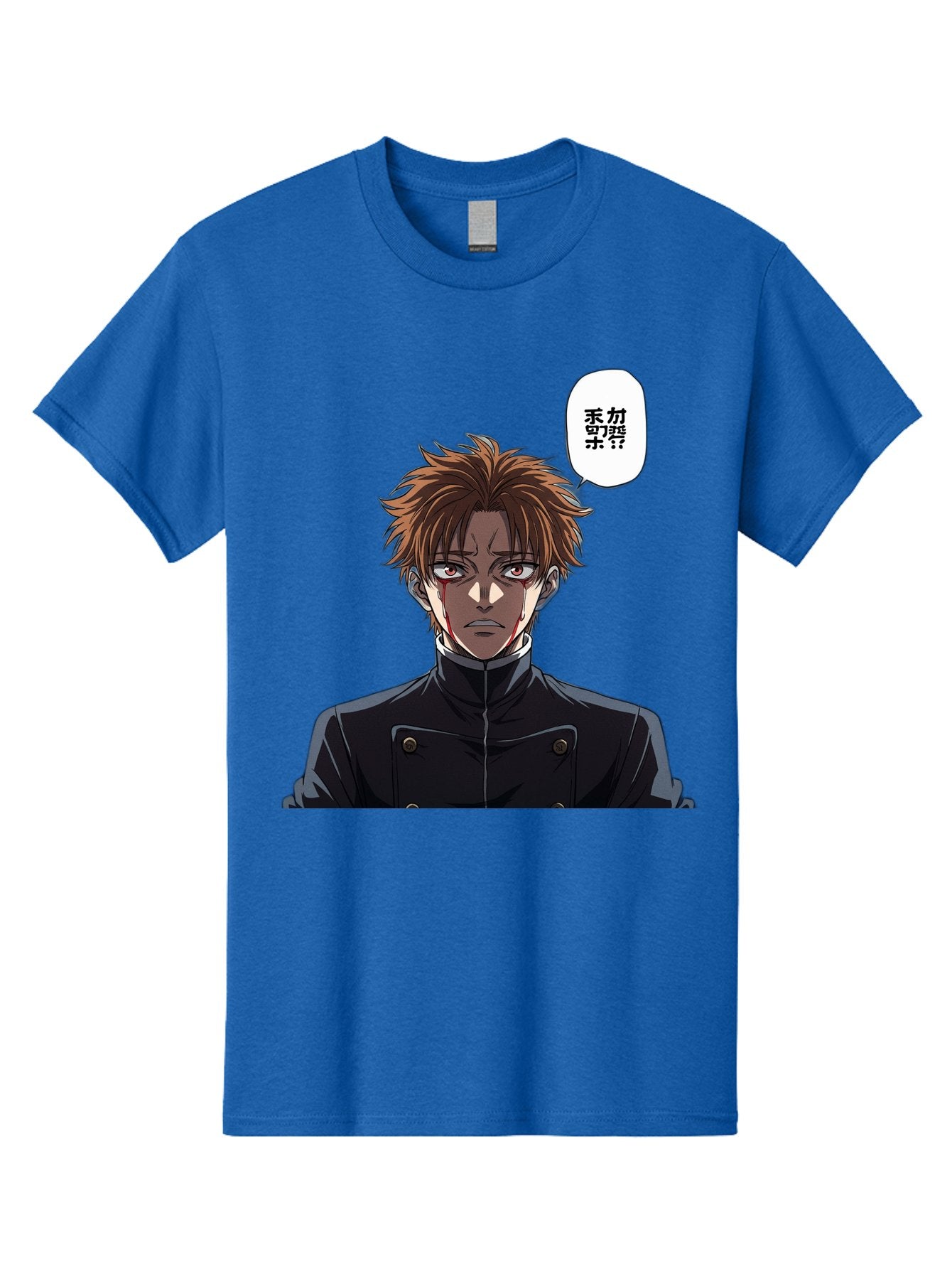 Mysterious-Man Men'S Graphic Tee, 100% Cotton, Comfortable Casual Summer Wear, Machine Washable, Anime Character With Bleeding Face, Mysterious Expression, Unknown Language, Intense Gaze, Chikage, Manga Style, Japanese Text, Black Jacket, Bac193 5