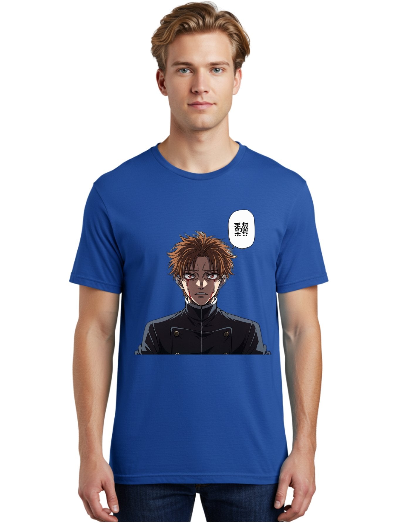 Mysterious-Man Men'S Graphic Tee, 100% Cotton, Comfortable Casual Summer Wear, Machine Washable, Anime Character With Bleeding Face, Mysterious Expression, Unknown Language, Intense Gaze, Chikage, Manga Style, Japanese Text, Black Jacket, Bac193 23