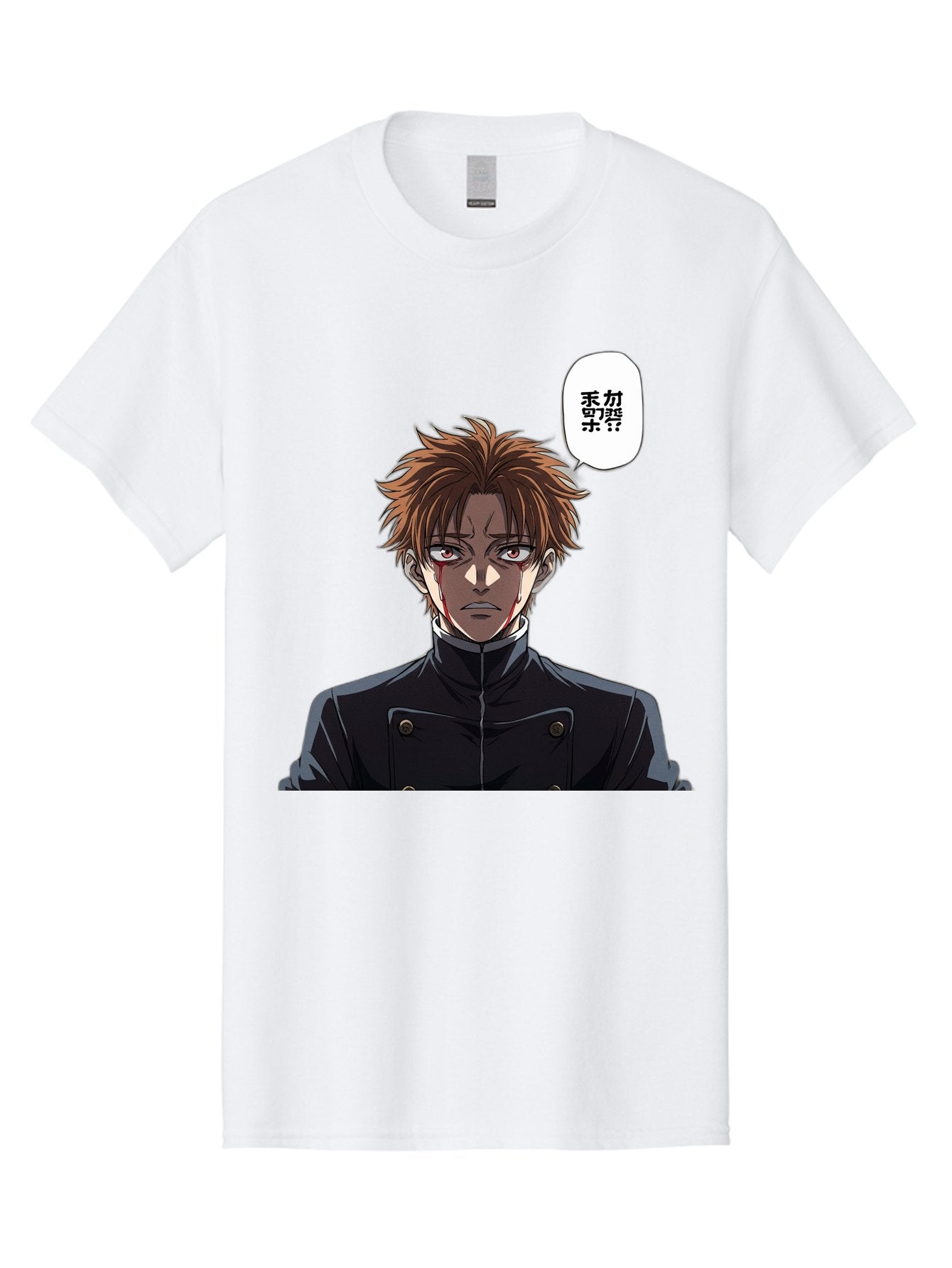 Mysterious-Man Men'S Graphic Tee, 100% Cotton, Comfortable Casual Summer Wear, Machine Washable, Anime Character With Bleeding Face, Mysterious Expression, Unknown Language, Intense Gaze, Chikage, Manga Style, Japanese Text, Black Jacket, Bac193 11