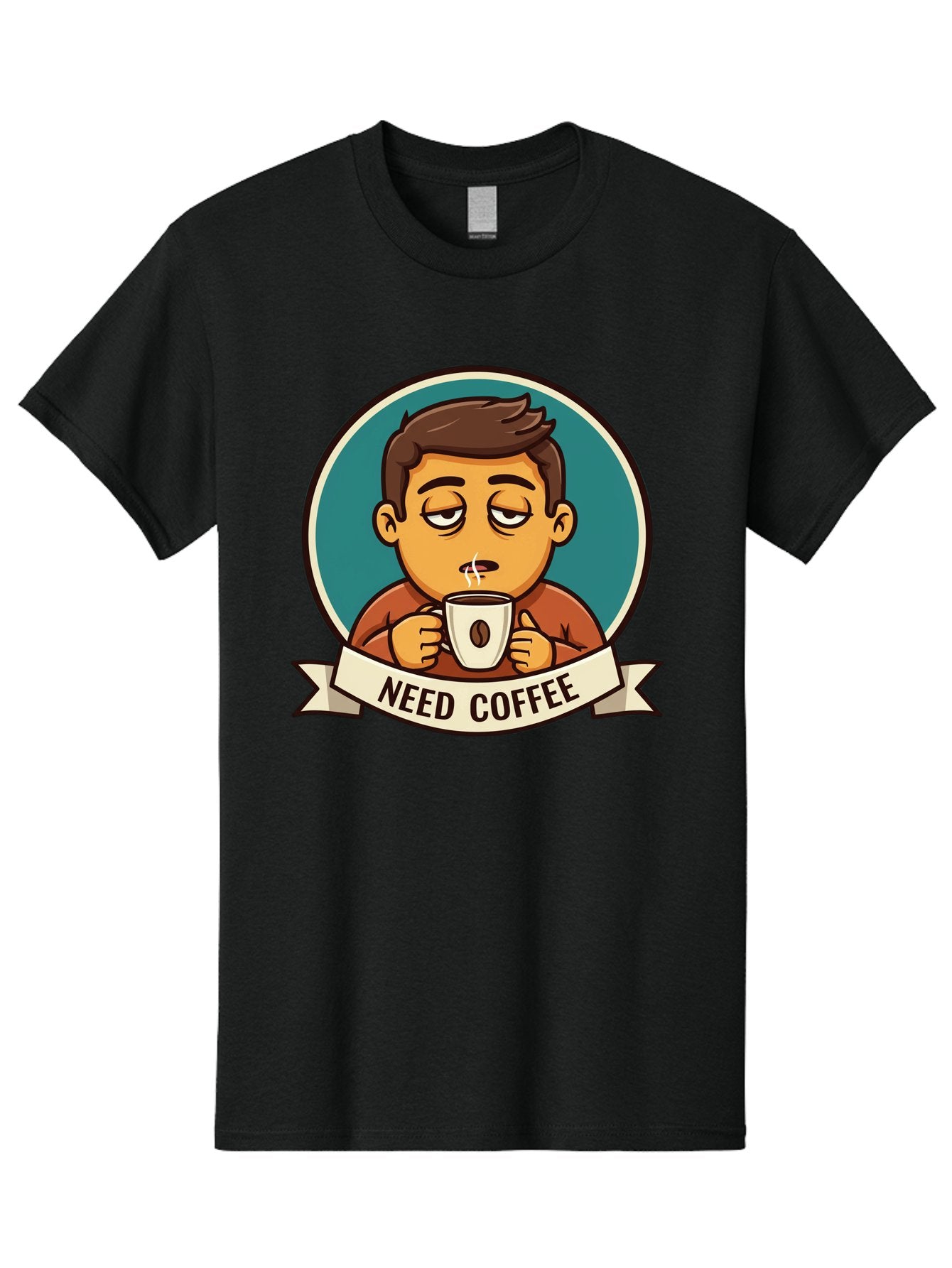 Need-Coffee Men'S Graphic Tee, 100% Cotton, Comfortable Casual Summer Wear, Machine Washable, Tired Cartoon Character, Coffee Lover, Morning Pick-Me-Up, Caffeine Fix, Funny Illustration, Coffee Addiction, Coffee Culture Bac195 10