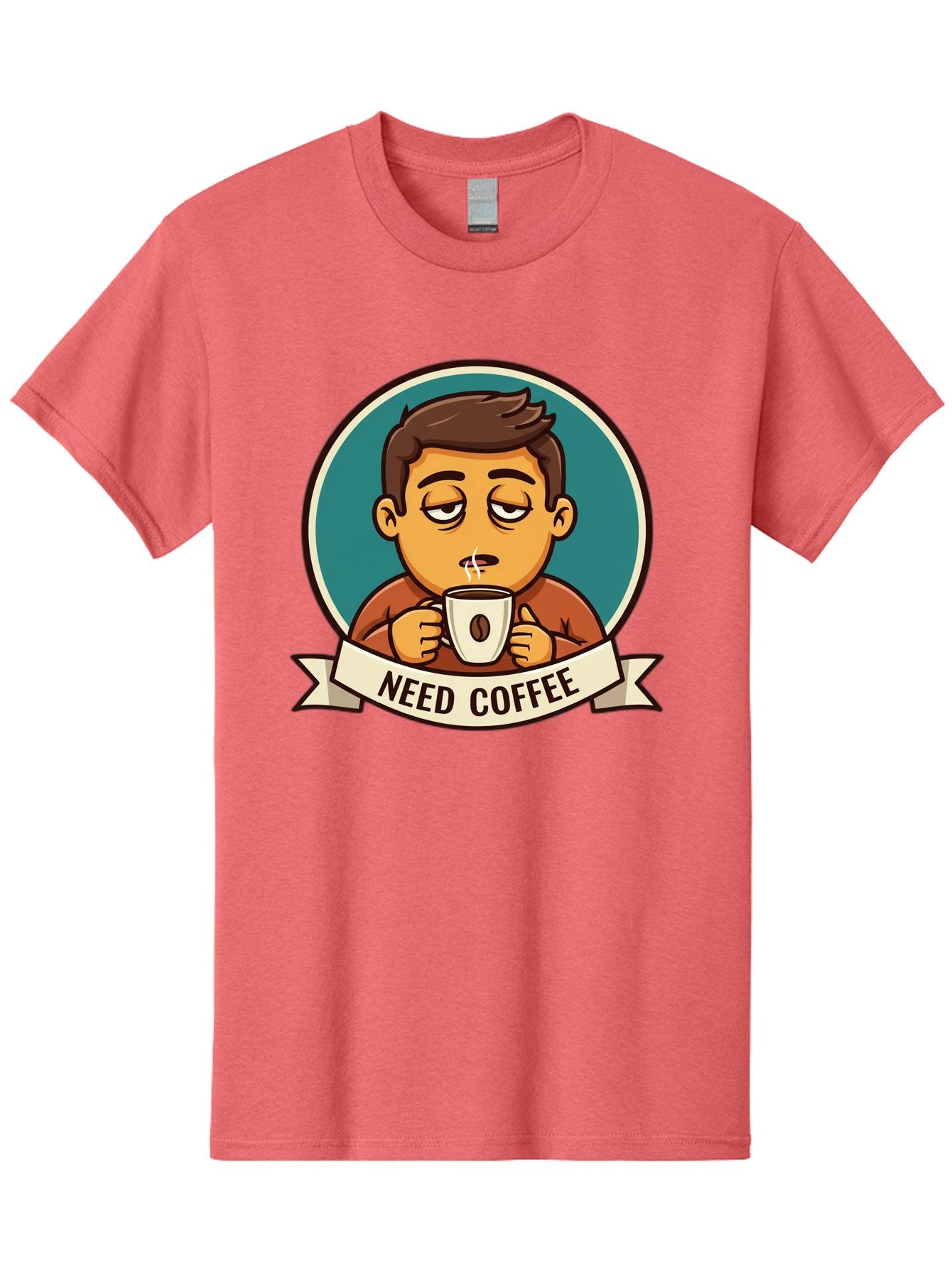 Need-Coffee Men'S Graphic Tee, 100% Cotton, Comfortable Casual Summer Wear, Machine Washable, Tired Cartoon Character, Coffee Lover, Morning Pick-Me-Up, Caffeine Fix, Funny Illustration, Coffee Addiction, Coffee Culture Bac195 5