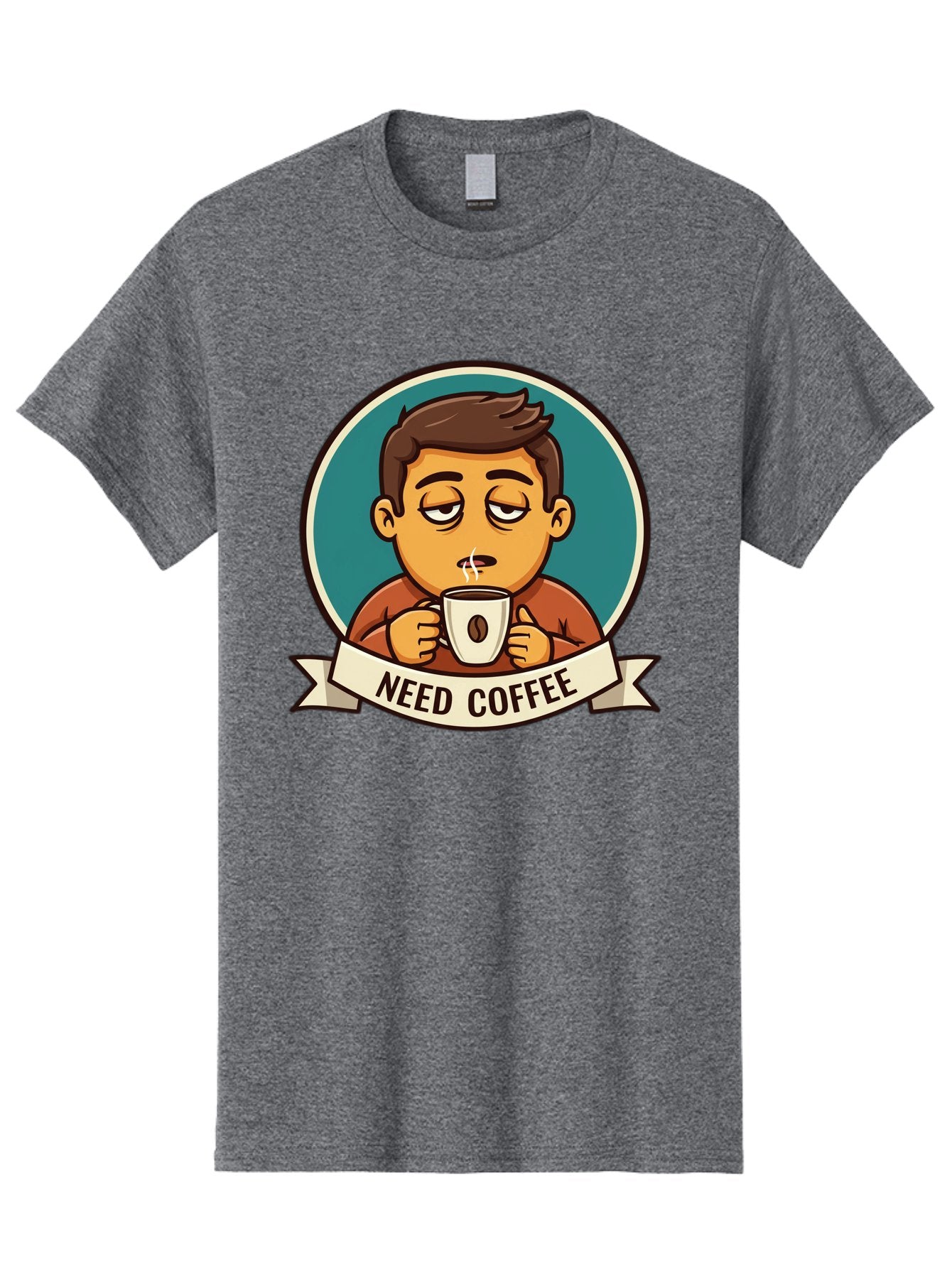 Need-Coffee Men'S Graphic Tee, 100% Cotton, Comfortable Casual Summer Wear, Machine Washable, Tired Cartoon Character, Coffee Lover, Morning Pick-Me-Up, Caffeine Fix, Funny Illustration, Coffee Addiction, Coffee Culture Bac195