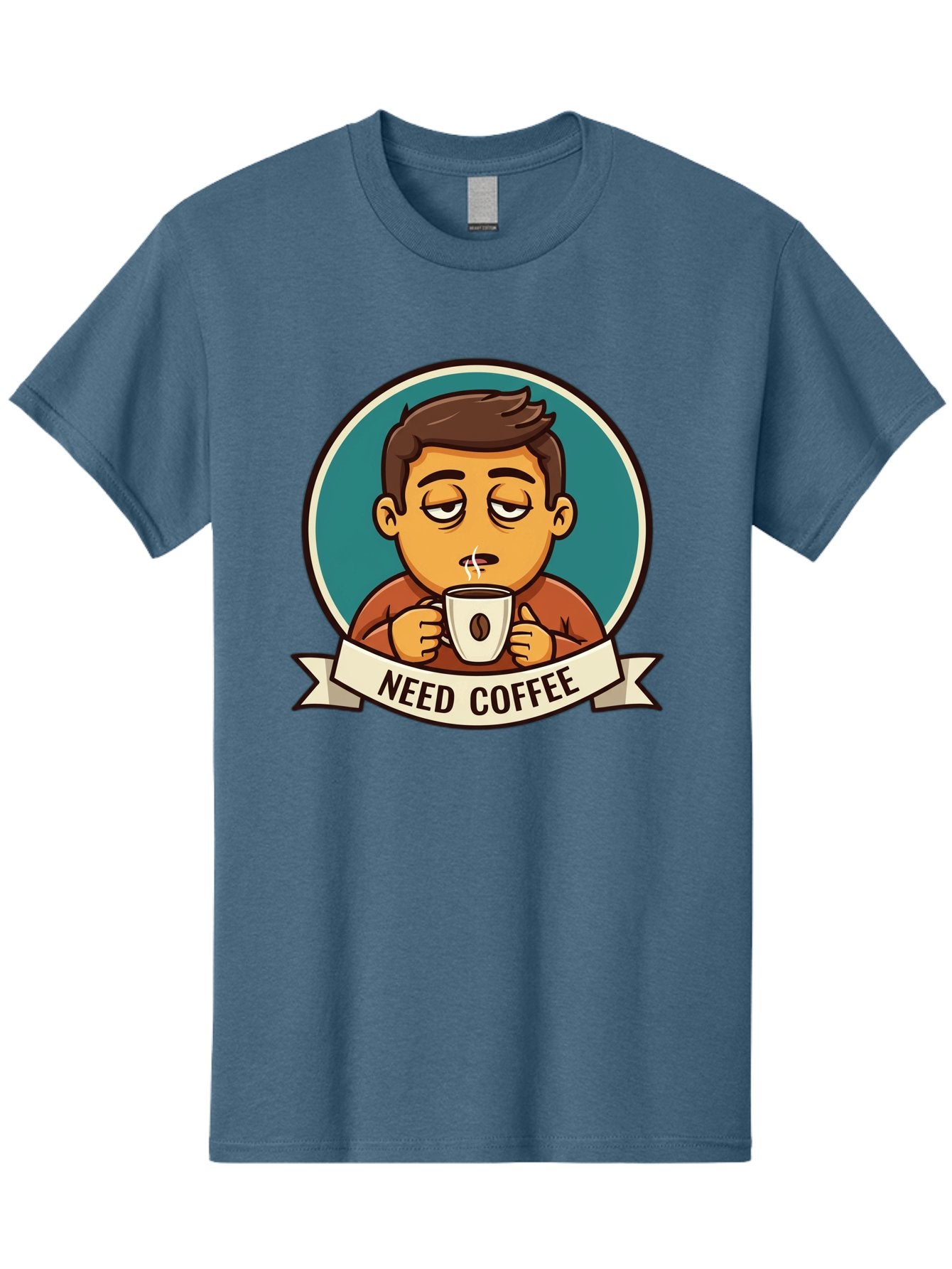 Need-Coffee Men'S Graphic Tee, 100% Cotton, Comfortable Casual Summer Wear, Machine Washable, Tired Cartoon Character, Coffee Lover, Morning Pick-Me-Up, Caffeine Fix, Funny Illustration, Coffee Addiction, Coffee Culture Bac195 8