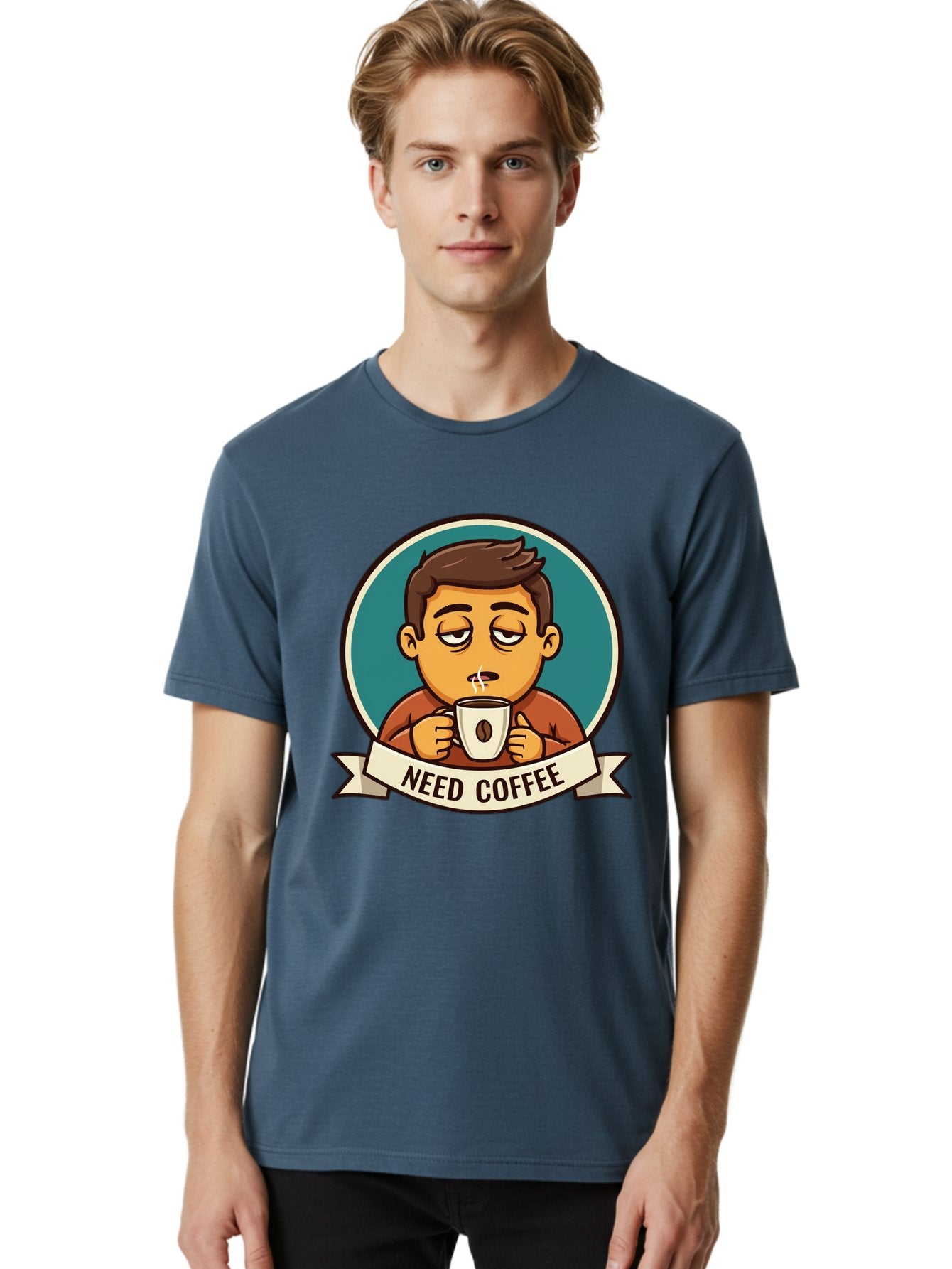 Need-Coffee Men'S Graphic Tee, 100% Cotton, Comfortable Casual Summer Wear, Machine Washable, Tired Cartoon Character, Coffee Lover, Morning Pick-Me-Up, Caffeine Fix, Funny Illustration, Coffee Addiction, Coffee Culture Bac195 25