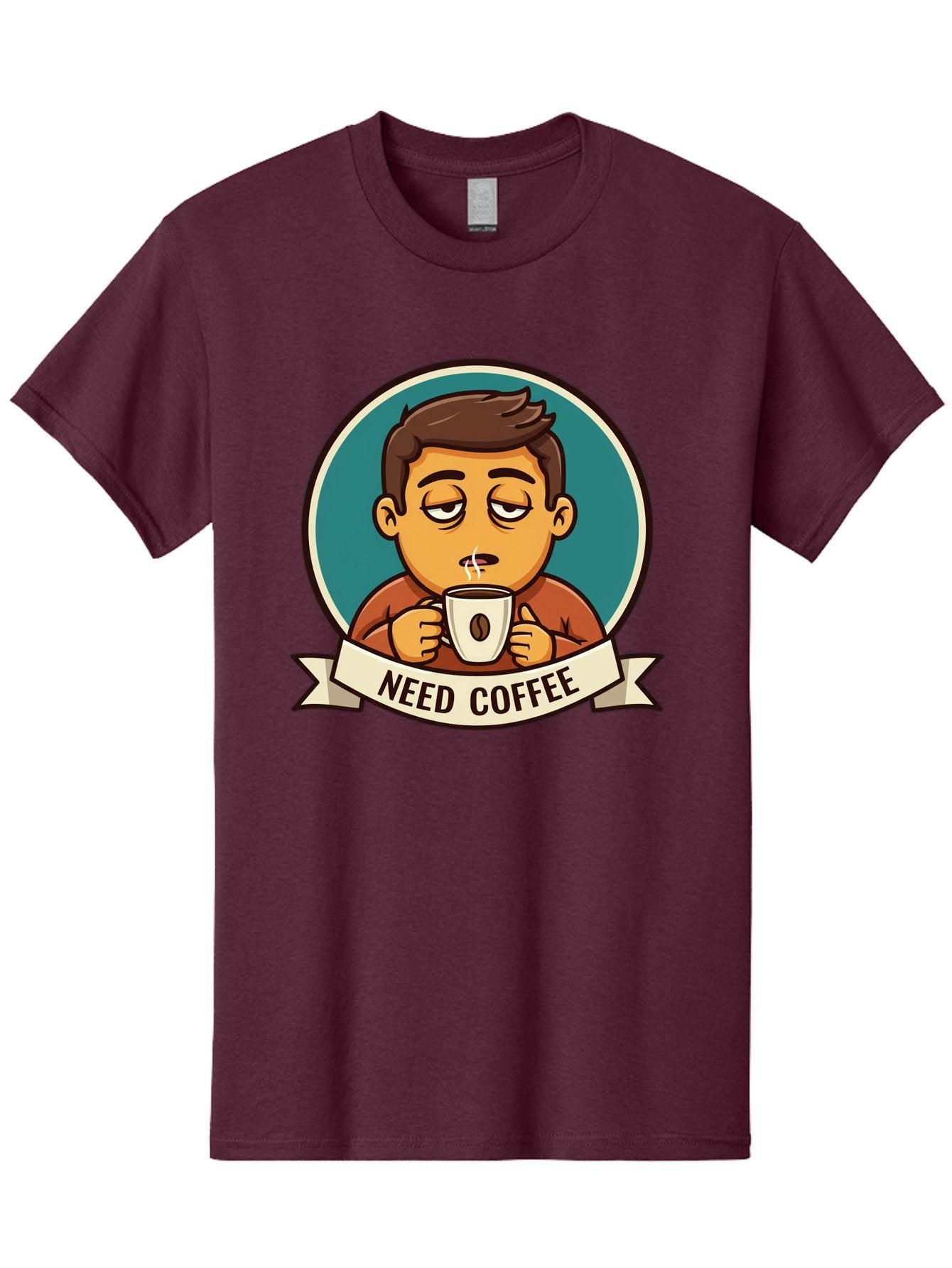 Need-Coffee Men'S Graphic Tee, 100% Cotton, Comfortable Casual Summer Wear, Machine Washable, Tired Cartoon Character, Coffee Lover, Morning Pick-Me-Up, Caffeine Fix, Funny Illustration, Coffee Addiction, Coffee Culture Bac195